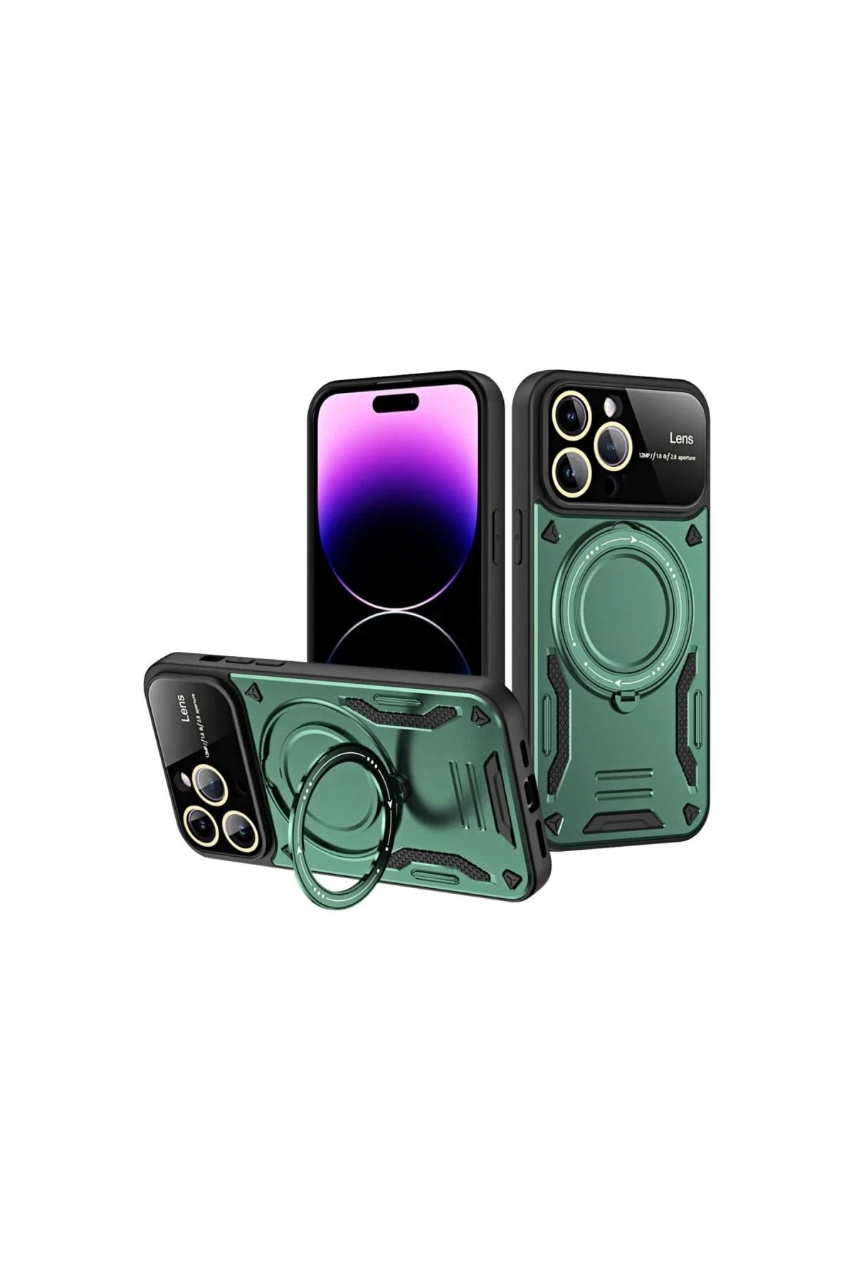 Apple iPhone 16 Pro Uyumlu Kılıf Joy Lens Standlı Kapak - Koyu Yeşil