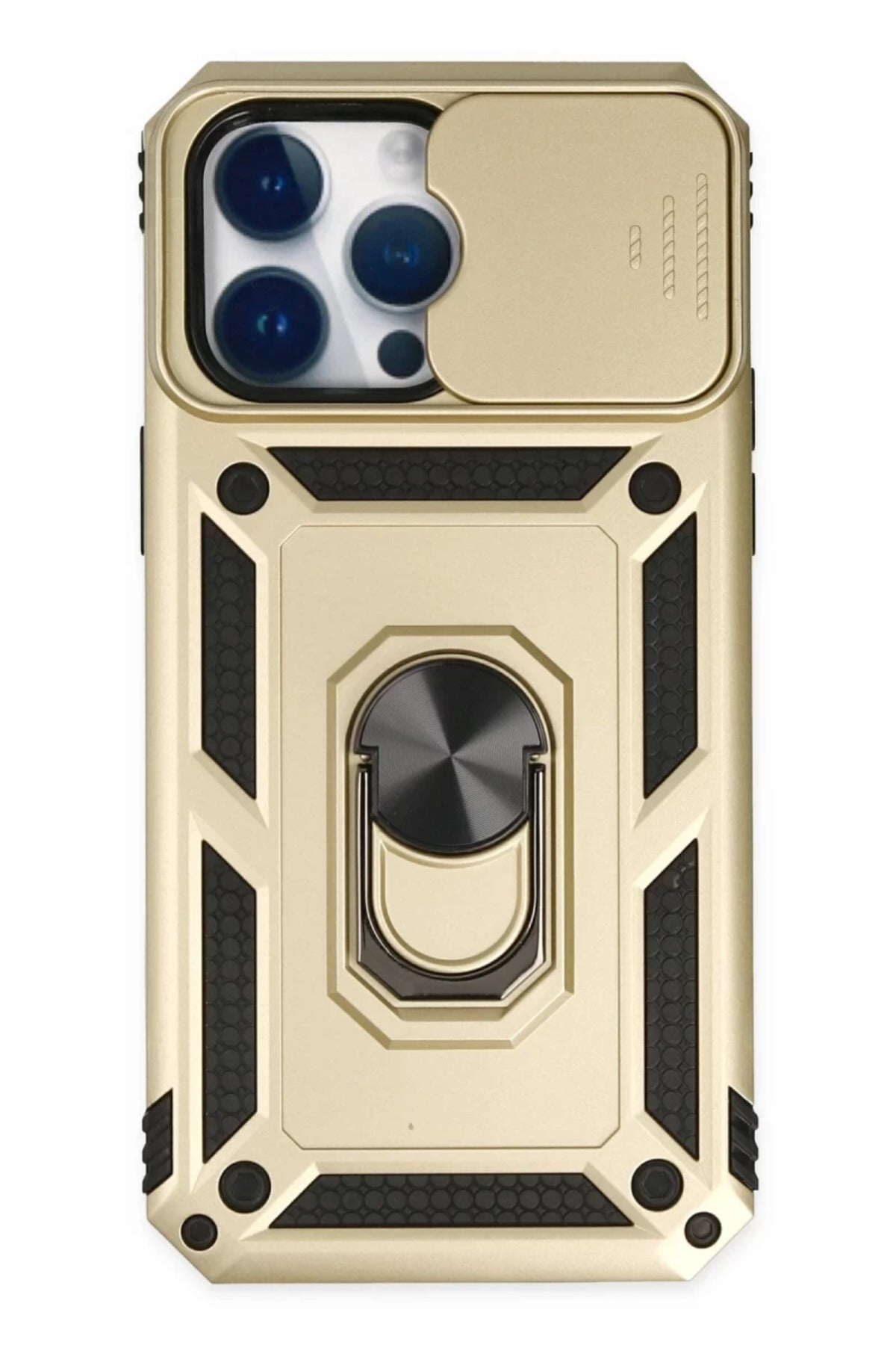 Apple iPhone 14 Pro Max Uyumlu Kılıf Pars Lens Yüzüklü Silikon - Gold