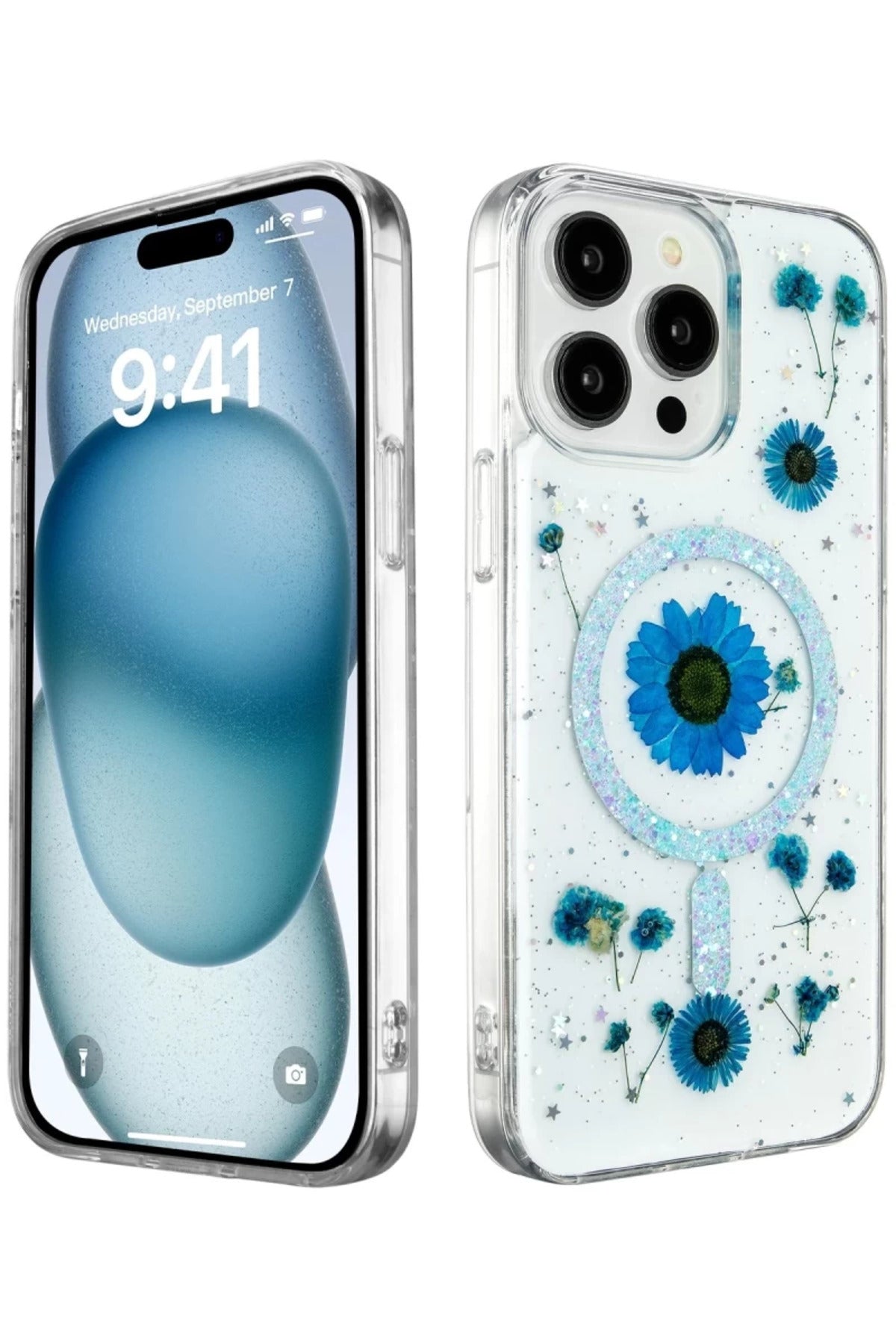 Apple iPhone 14 Pro Max Uyumlu Kılıf Daisy Simli Magsafe Kapak - Mavi