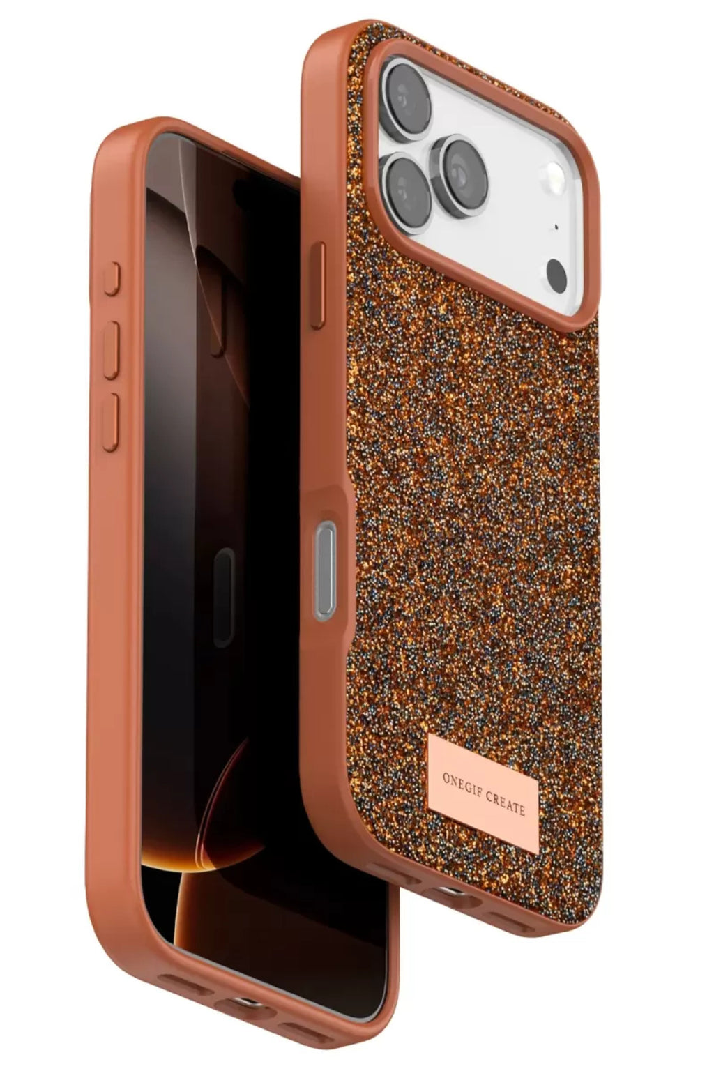 Onegif Apple iPhone 17 Pro Uyumlu Bright Simli Kapak - Turuncu