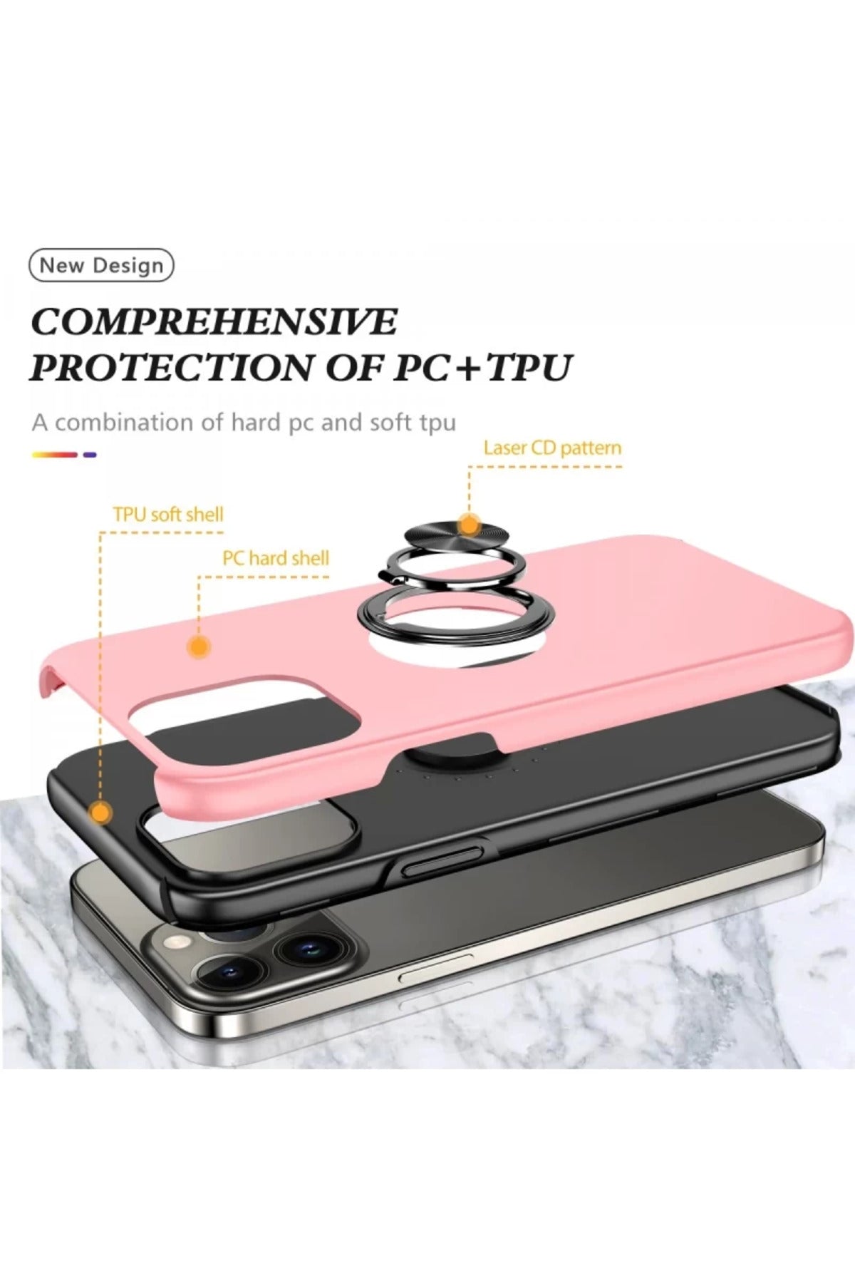 Apple iPhone 13 Pro Uyumlu Kılıf Elit Yüzüklü Kapak - Pembe