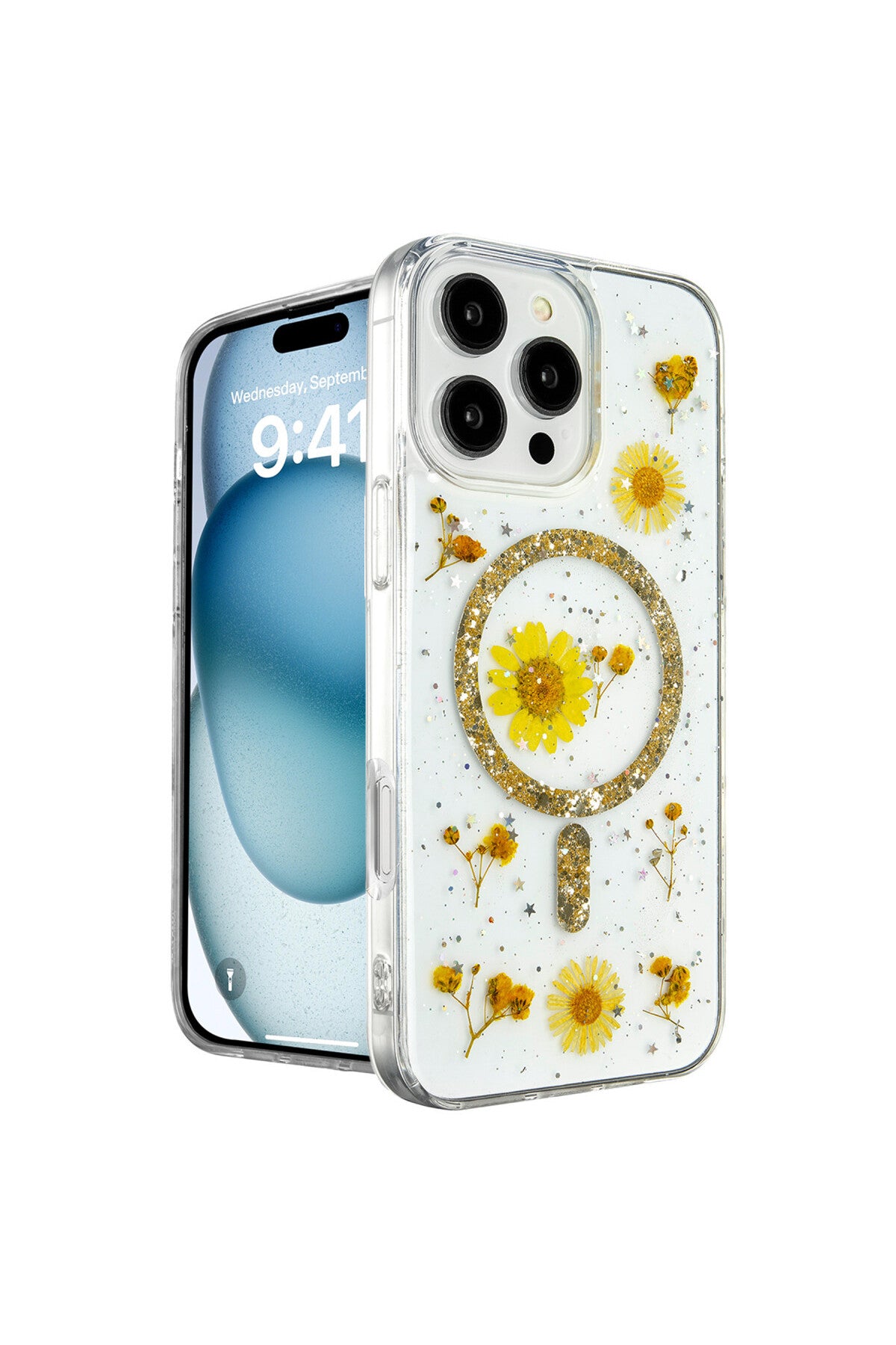 Apple iPhone 16 Pro Uyumlu Kılıf Daisy Simli Magsafe Kapak - Gold