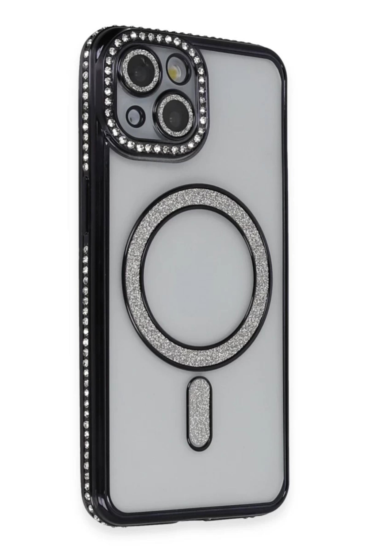 Apple iPhone 13 Uyumlu Kılıf Joke Simli Magneticsafe Kılıf - Siyah