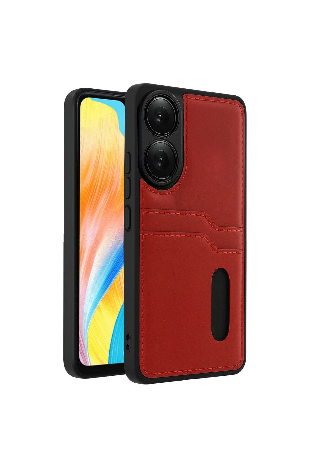 Oppo A38 Uyumlu Sara Kartvizitli Deri Kılıf - Kırmızı