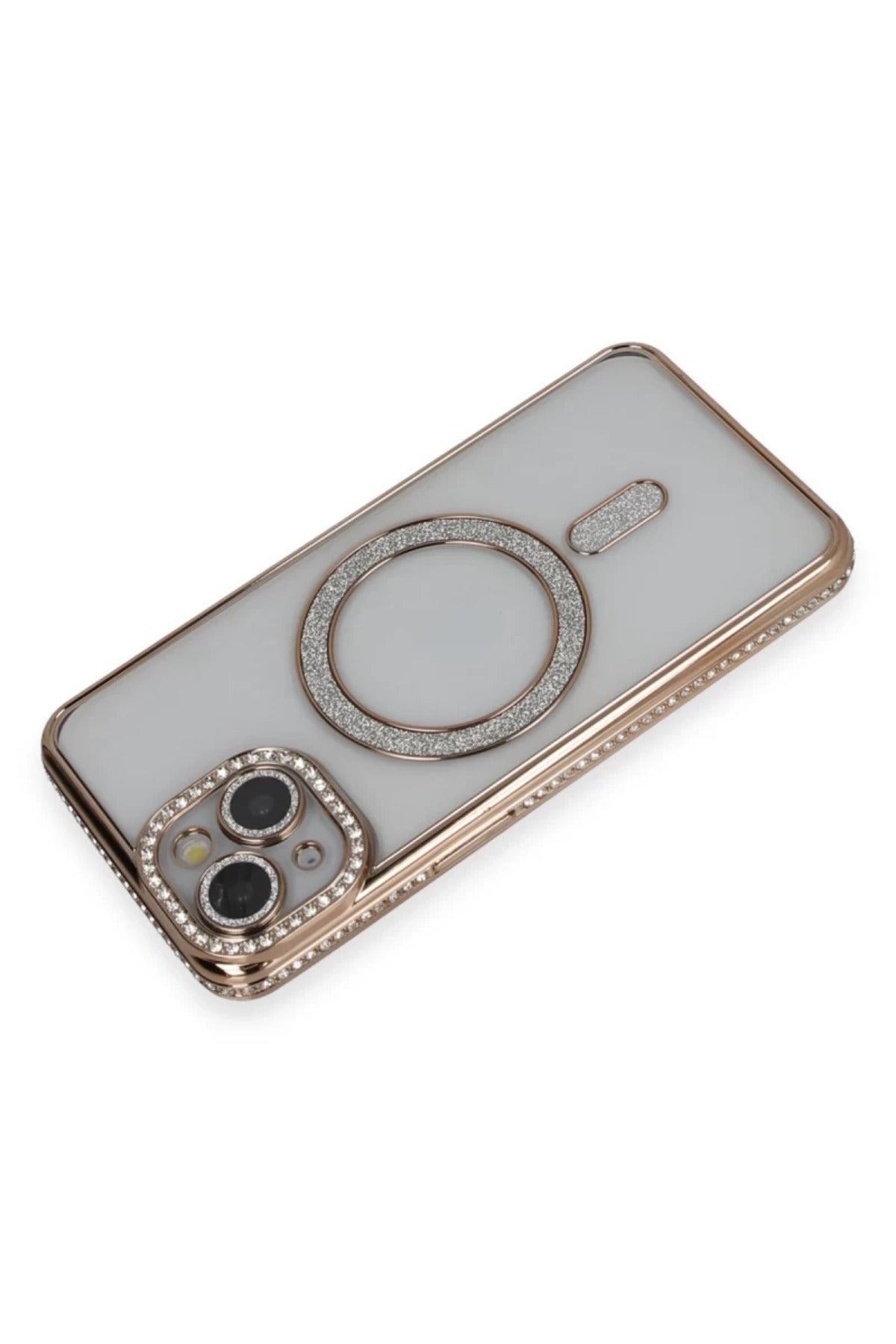 Apple iPhone 13 Uyumlu Kılıf Joke Simli Magneticsafe Kılıf - Gold
