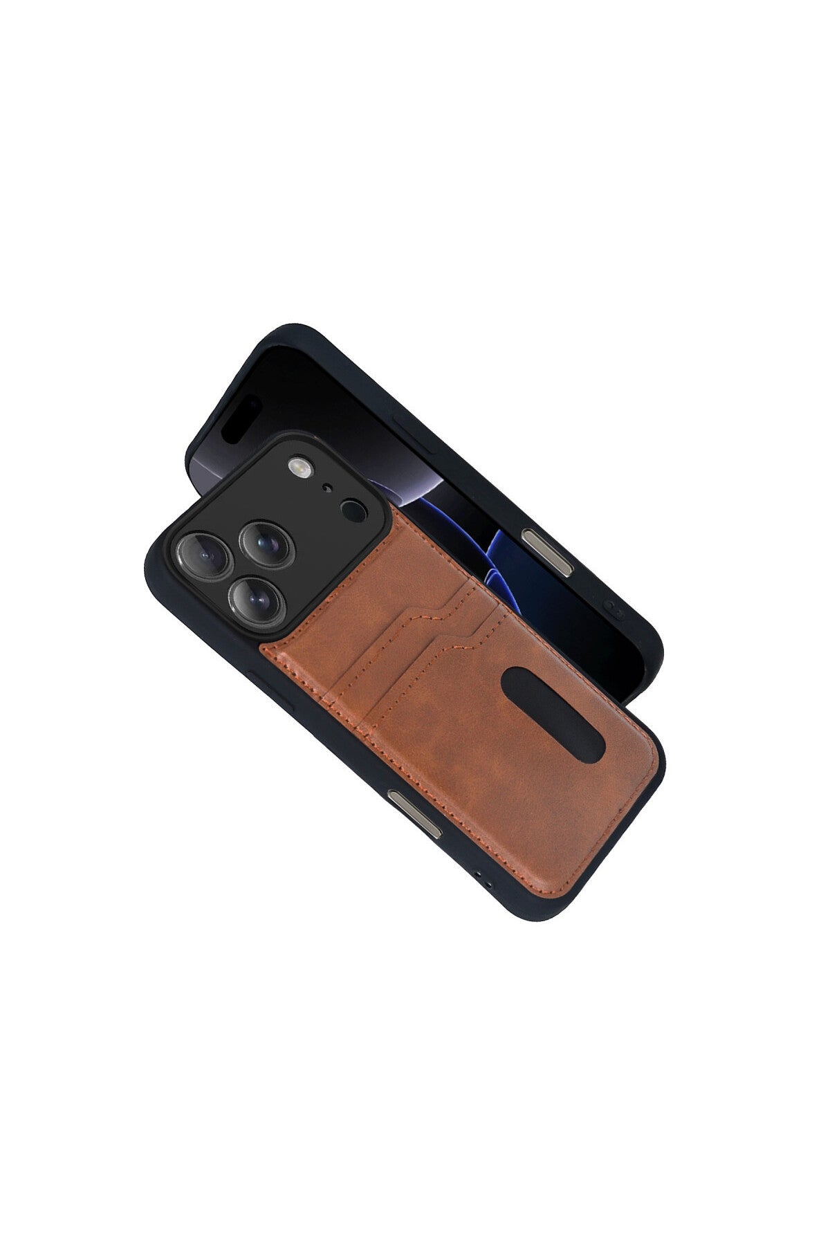 Apple iPhone 17 Pro Max Uyumlu Sara Kartvizitli Deri Kılıf - Taba