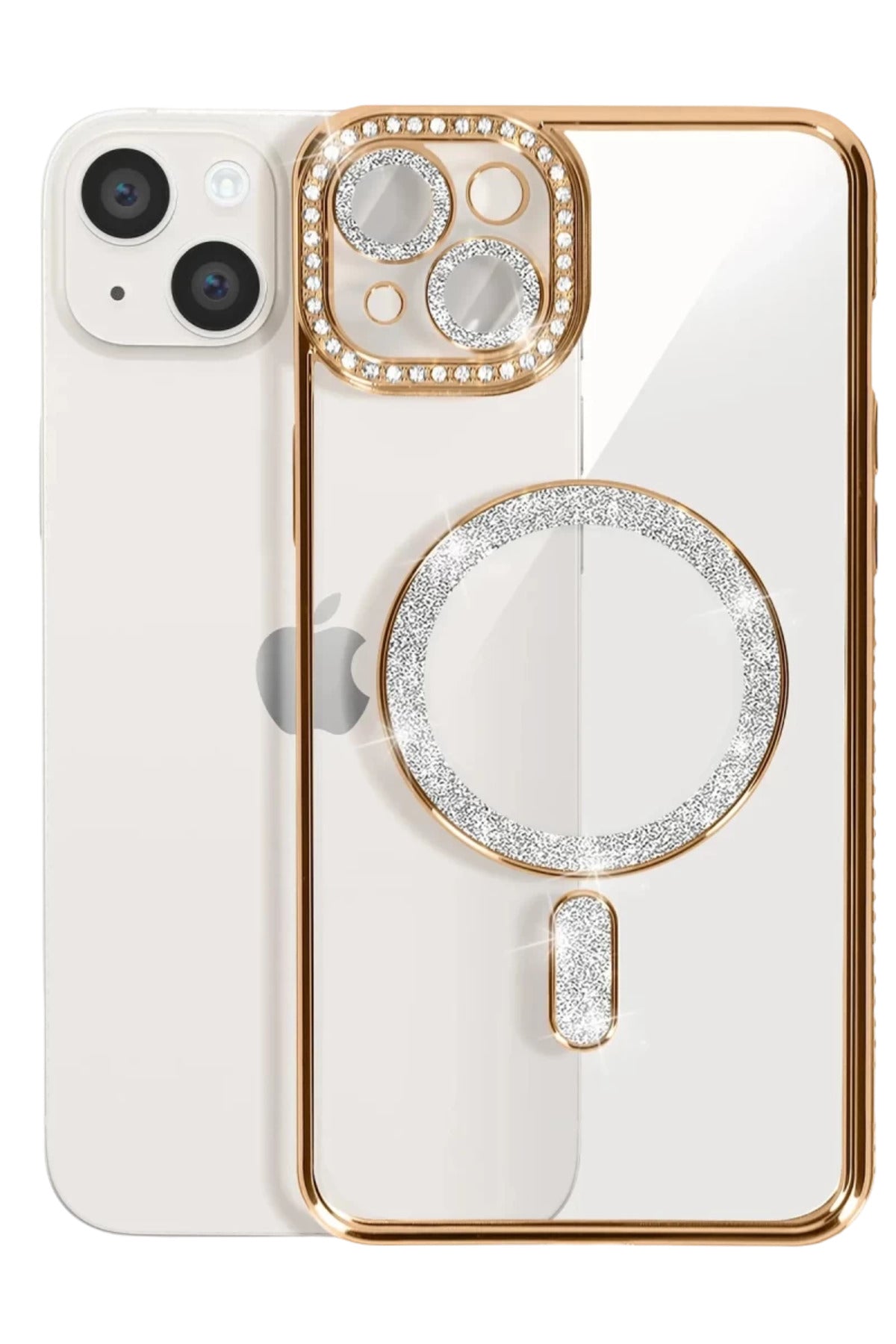 Apple iPhone 15 Uyumlu Kılıf Joke Simli Magneticsafe Kılıf - Gold
