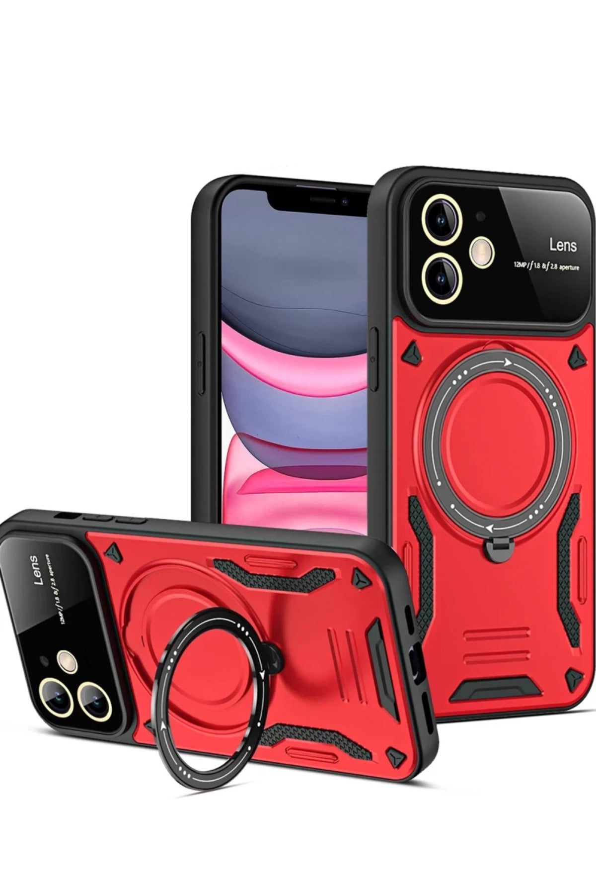Apple iPhone 11 Uyumlu Kılıf Joy Lens Standlı Kapak - Kırmızı