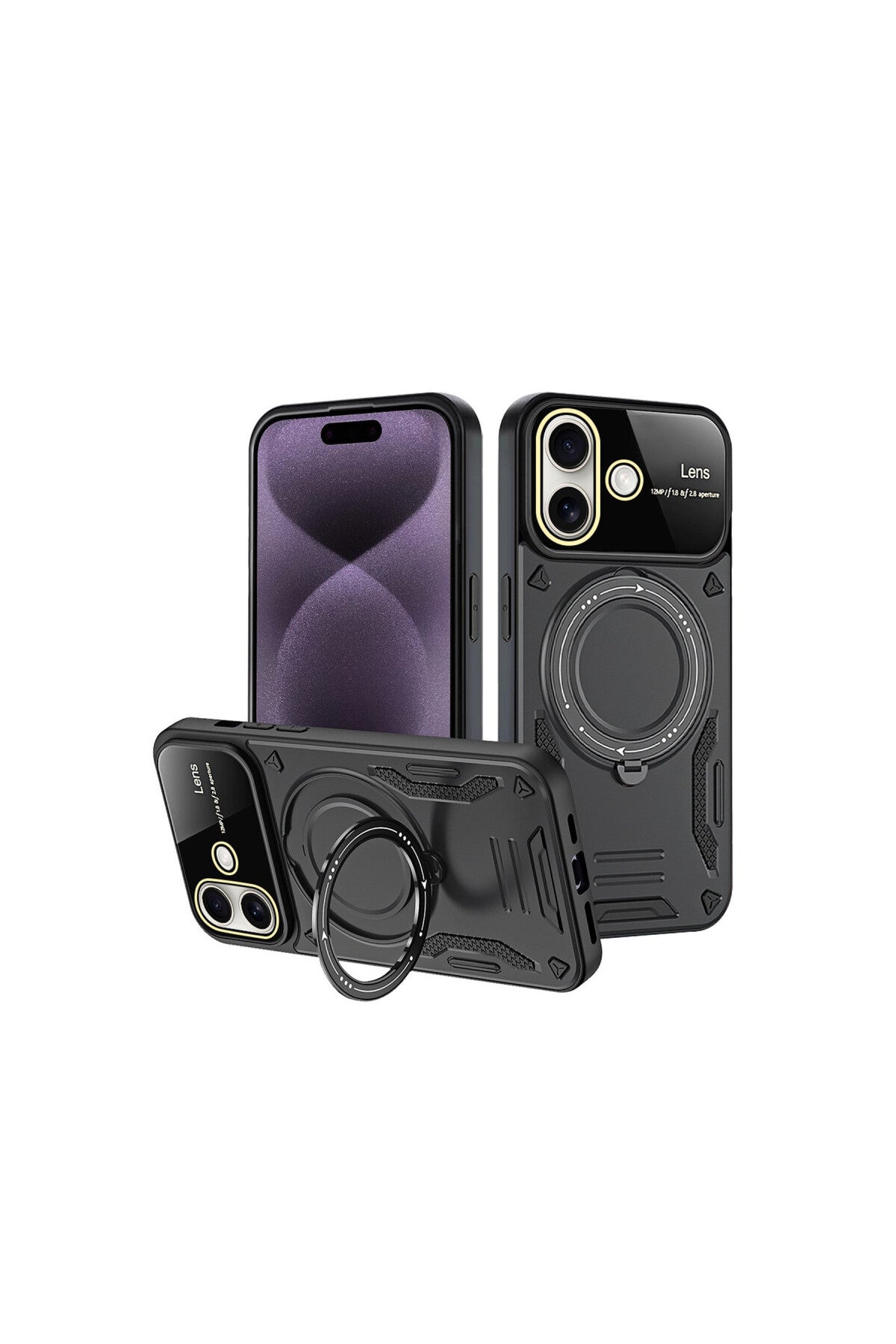 Apple iPhone 16 Uyumlu Kılıf Joy Lens Standlı Kapak - Siyah