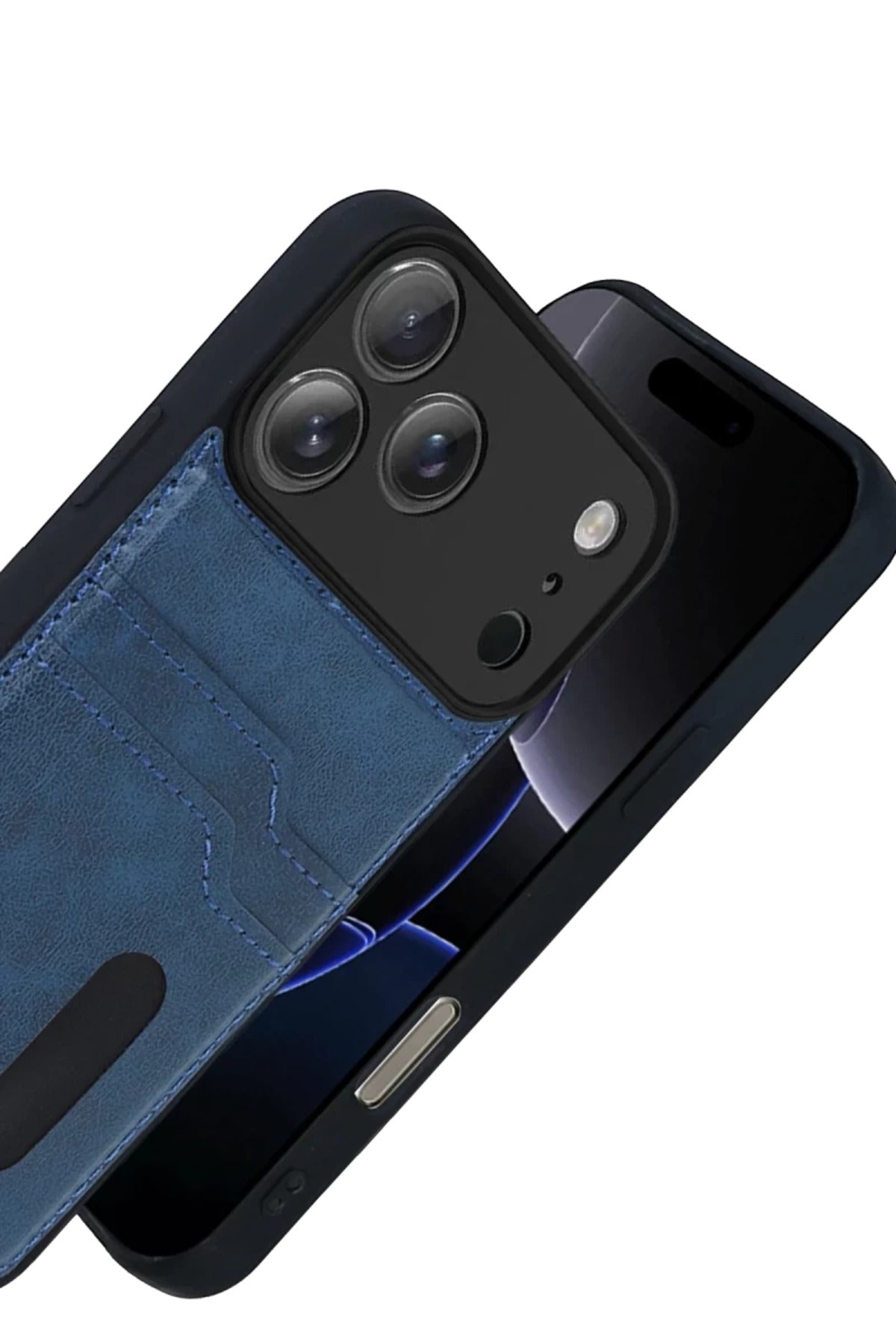 Apple iPhone 17 Pro Max Uyumlu Sara Kartvizitli Deri Kılıf - Lacivert
