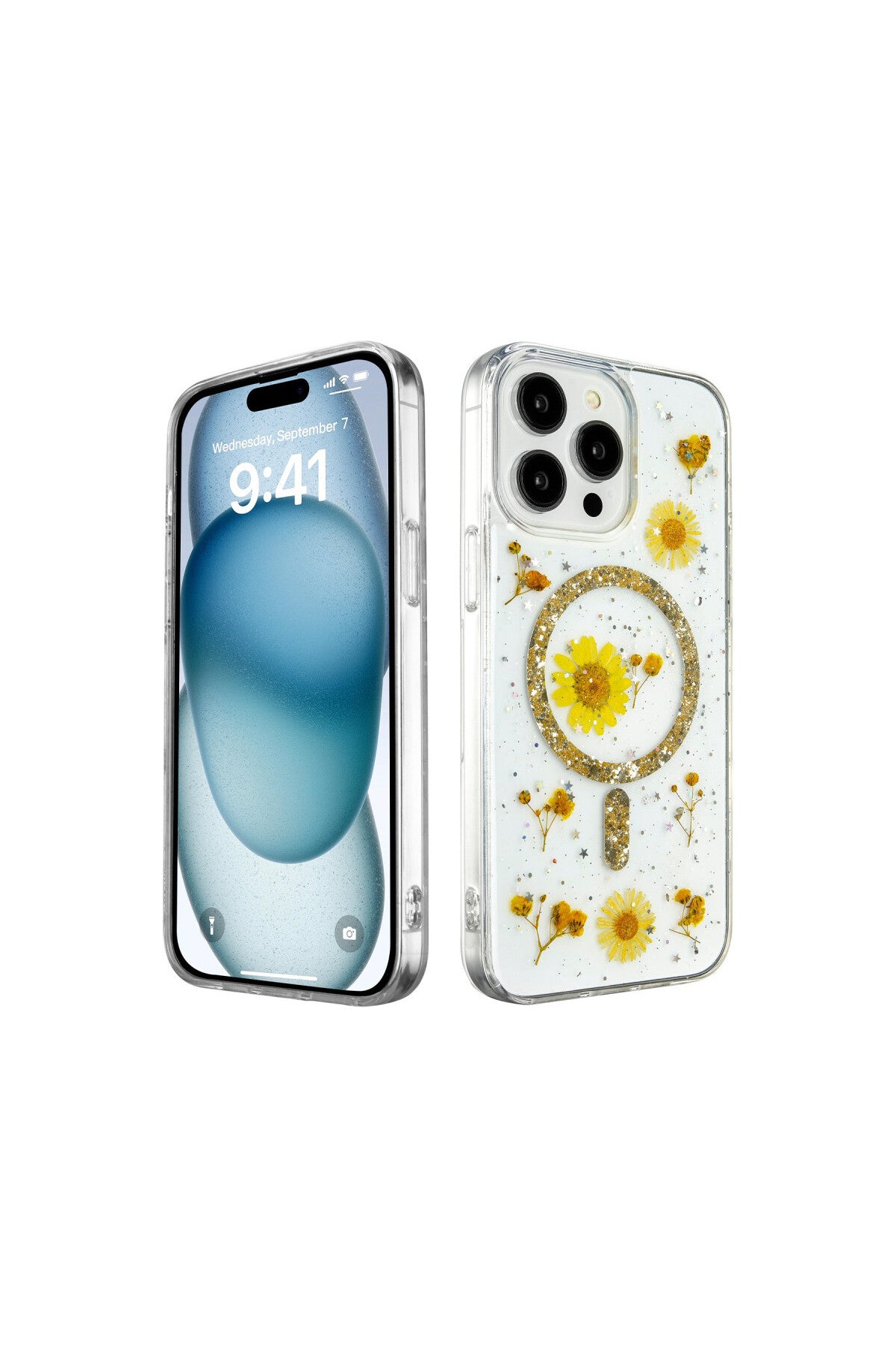 Apple iPhone 14 Pro Max Uyumlu Kılıf Daisy Simli Magsafe Kapak - Gold