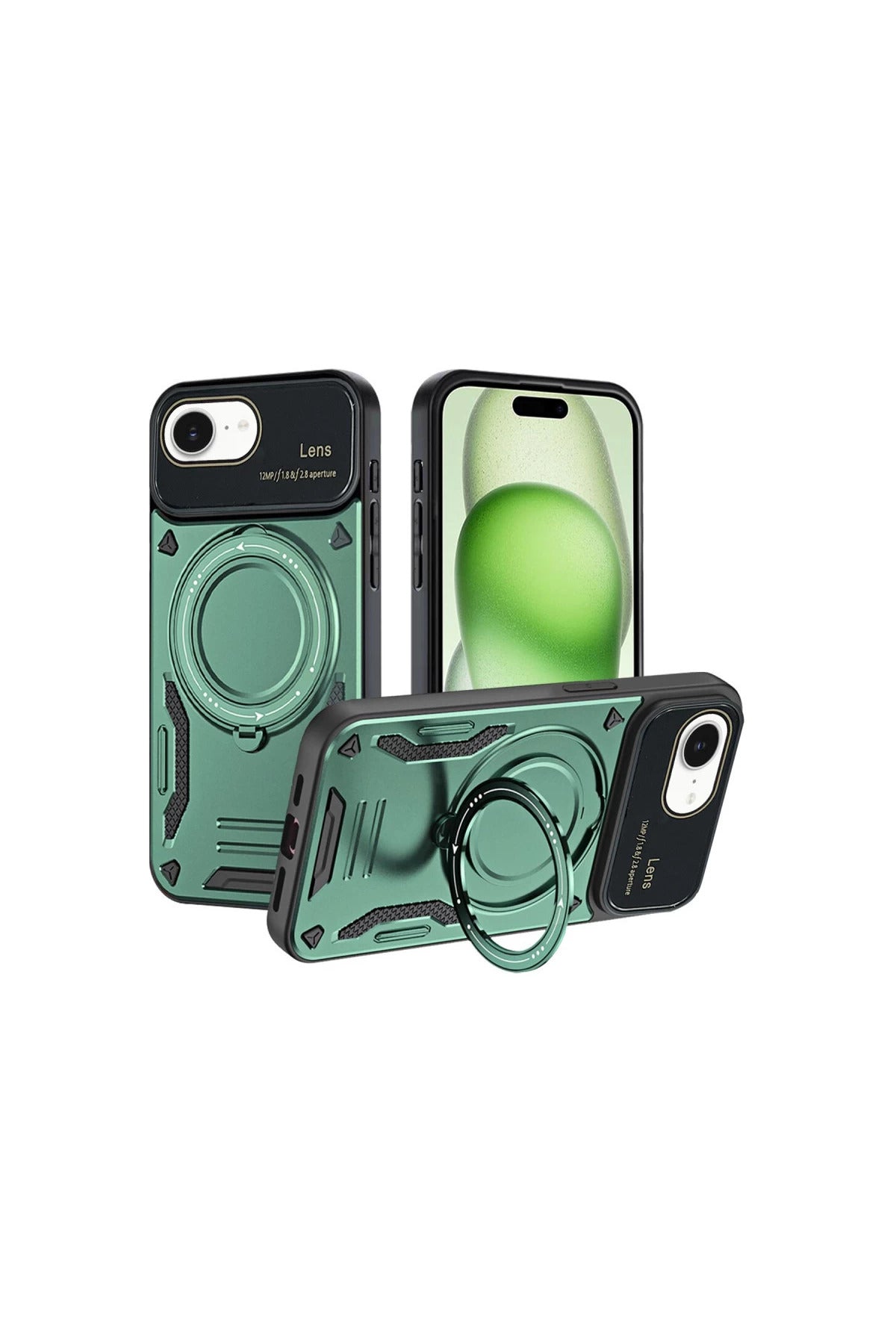 Apple iPhone 16E Uyumlu Kılıf Joy Lens Standlı Kapak - Koyu Yeşil