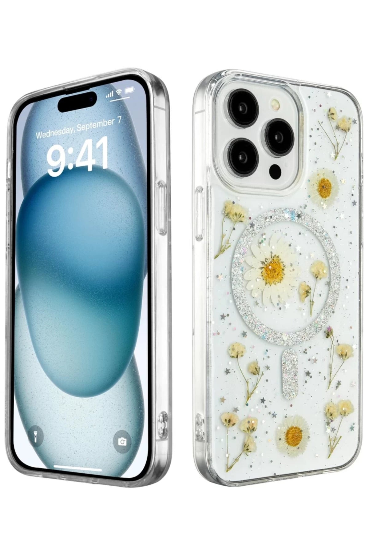 Apple iPhone 15 Pro Max Uyumlu Kılıf Daisy Simli Magsafe Kapak - Gümüş