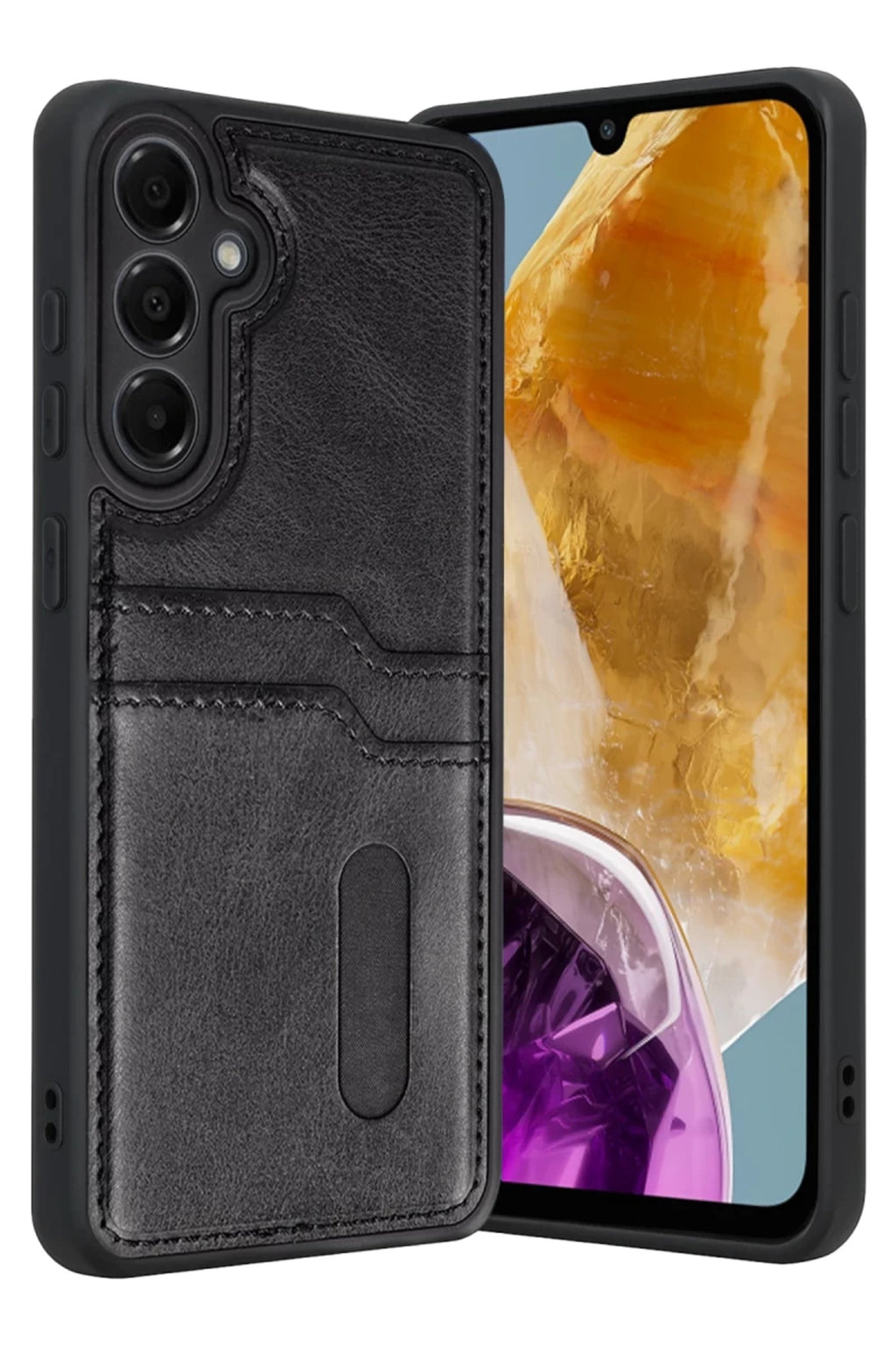 Samsung Galaxy M15 Uyumlu Sara Kartvizitli Deri Kılıf - Siyah