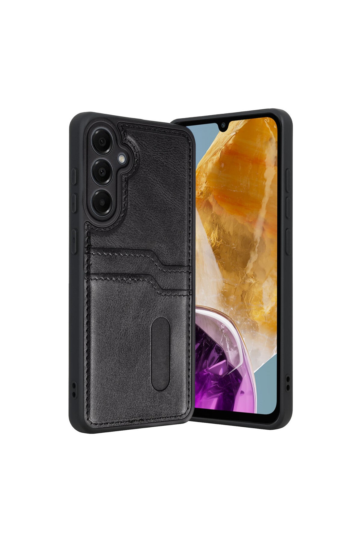 Samsung Galaxy M15 Uyumlu Sara Kartvizitli Deri Kılıf - Siyah