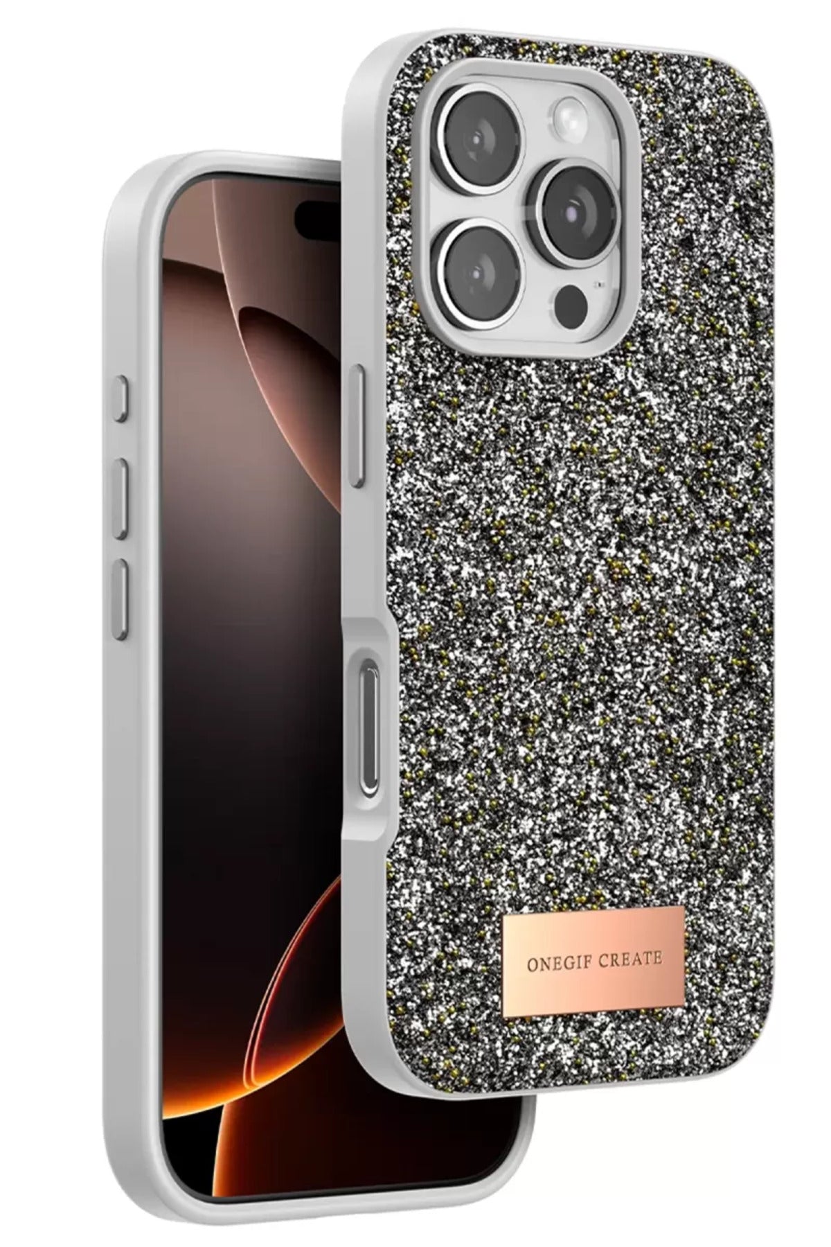 Onegif Apple iPhone 16 Pro Max Uyumlu Bright Simli Kapak - Gümüş