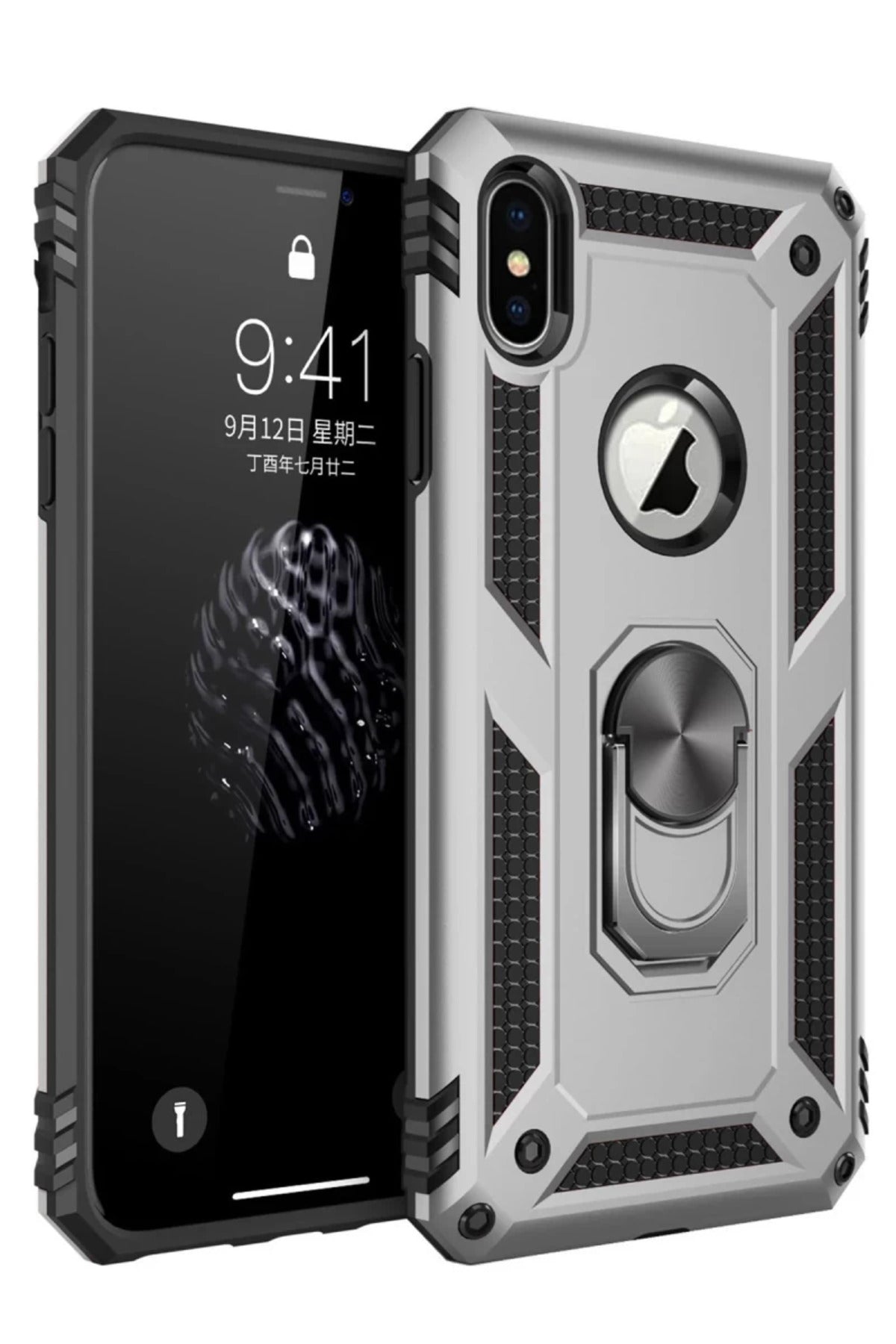 Apple iPhone X Uyumlu Kılıf Sofya Yüzüklü Silikon Kapak - Gümüş