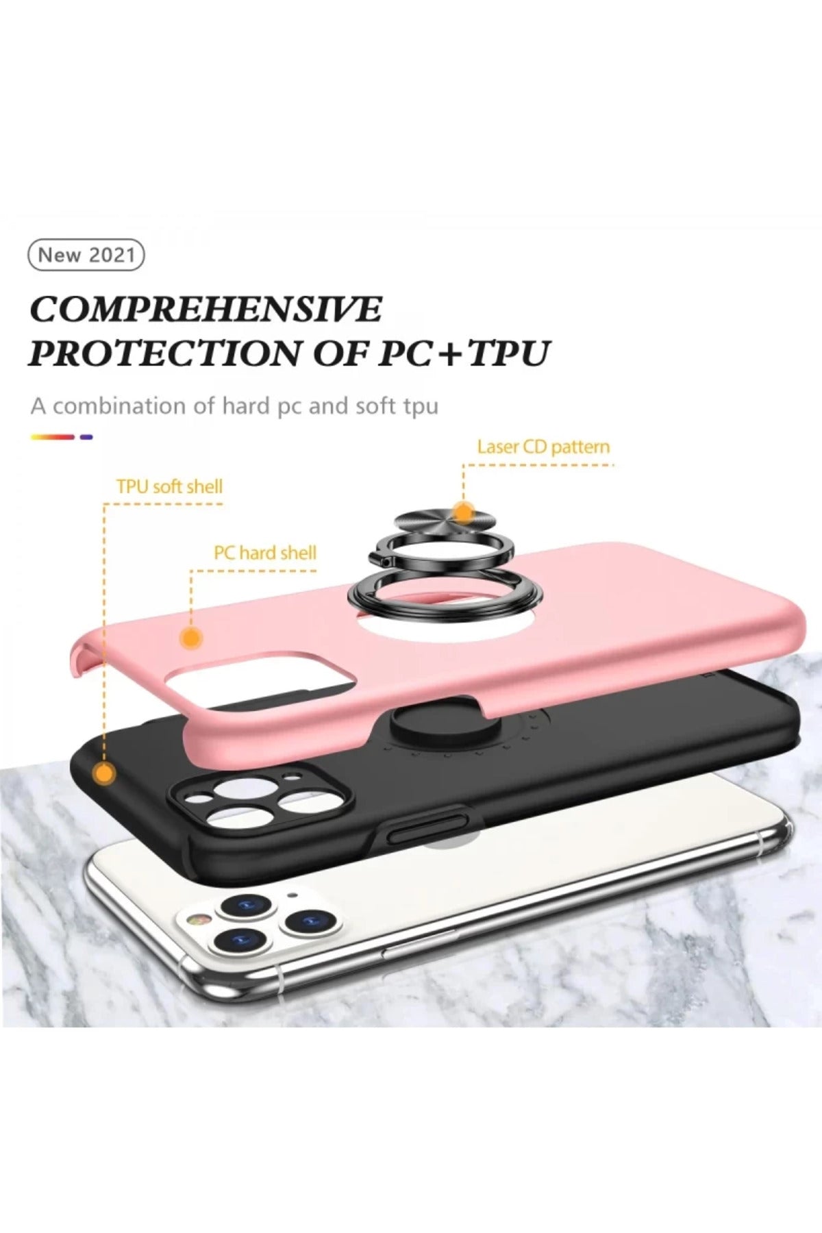 Apple iPhone 11 Pro Max Uyumlu Kılıf Elit Yüzüklü Kapak - Pembe
