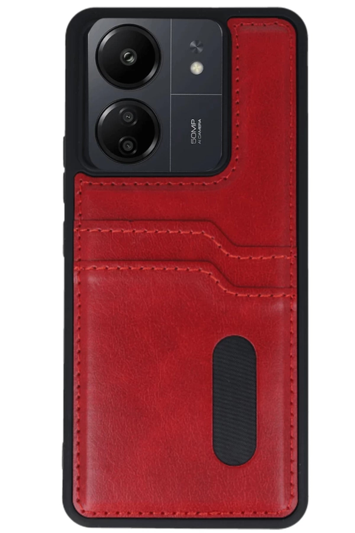 Xiaomi Redmi 13C Uyumlu Kılıf Sara Kartvizitli Deri Kılıf - Kırmızı