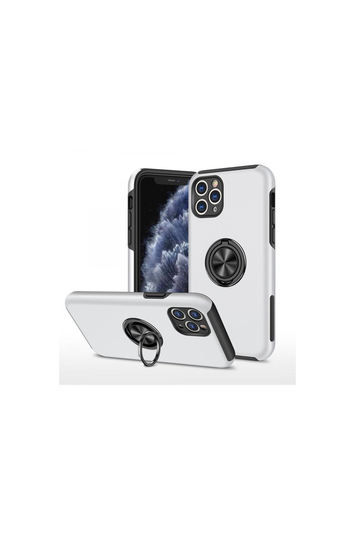 Apple iPhone 11 Pro Max Uyumlu Kılıf Elit Yüzüklü Kapak - Gümüş