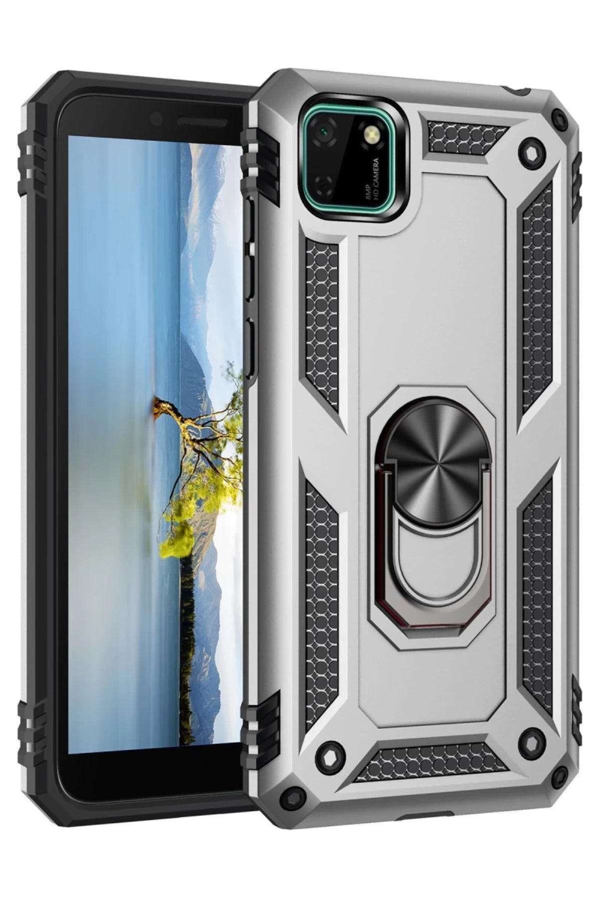 Huawei Y5P Uyumlu Kılıf Sofya Yüzüklü Silikon Kapak - Gümüş
