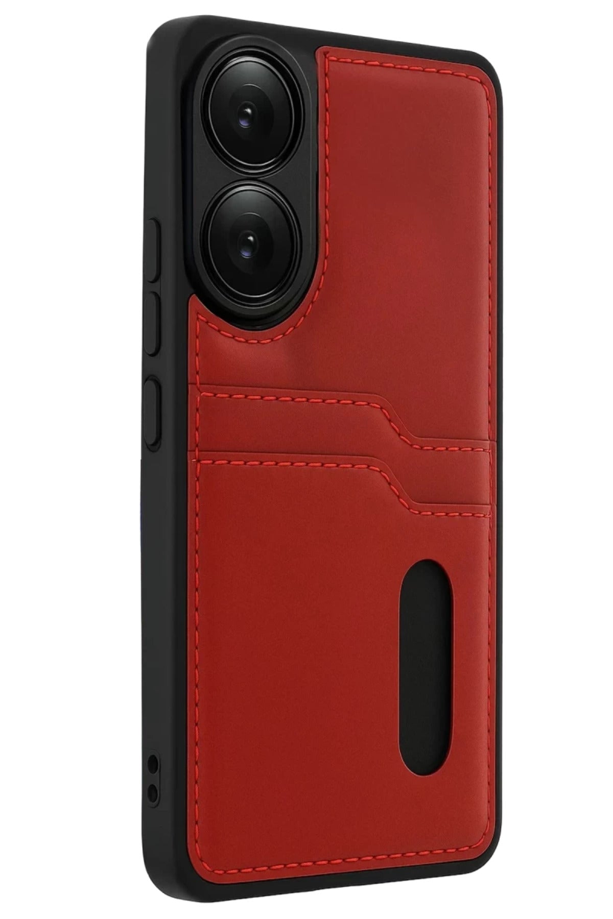 Oppo A38 Uyumlu Sara Kartvizitli Deri Kılıf - Kırmızı