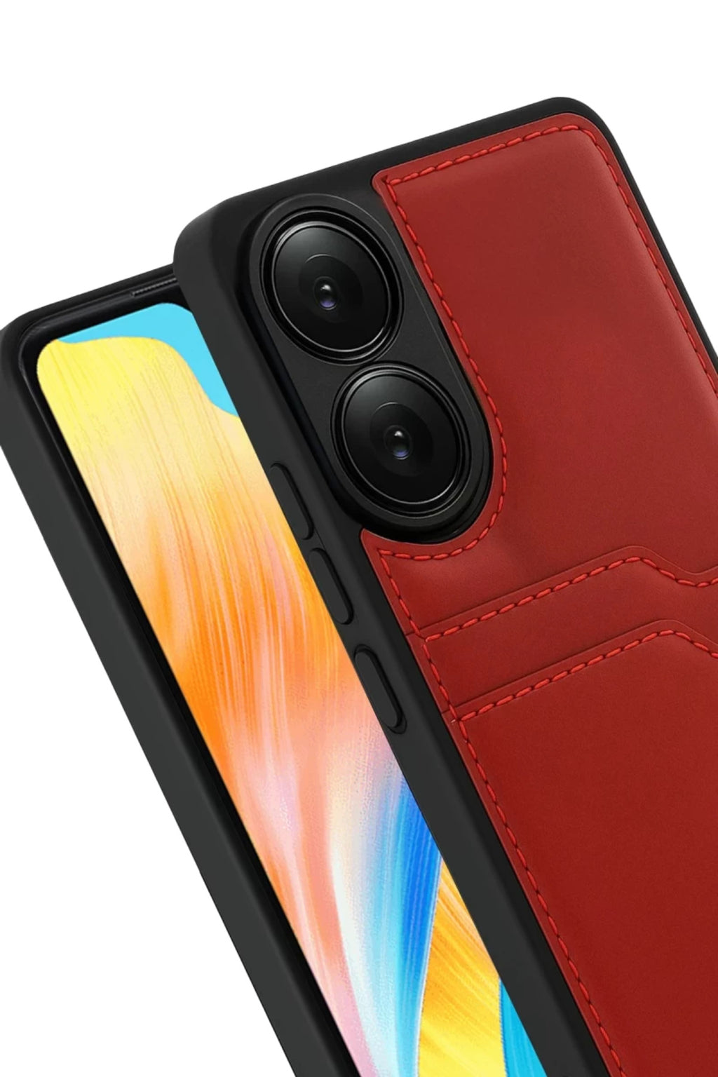 Oppo A38 Uyumlu Sara Kartvizitli Deri Kılıf - Kırmızı