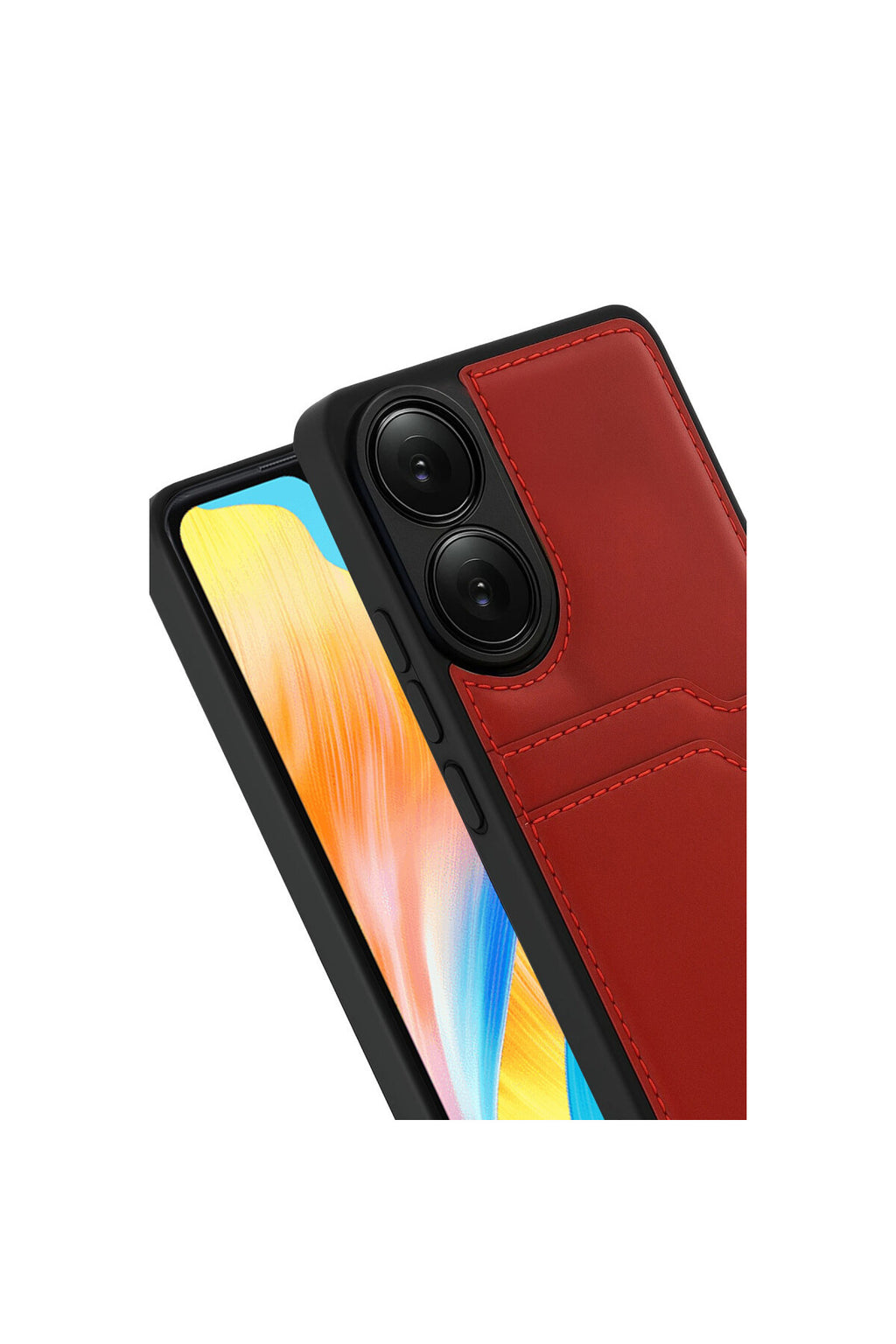 Oppo A38 Uyumlu Sara Kartvizitli Deri Kılıf - Kırmızı