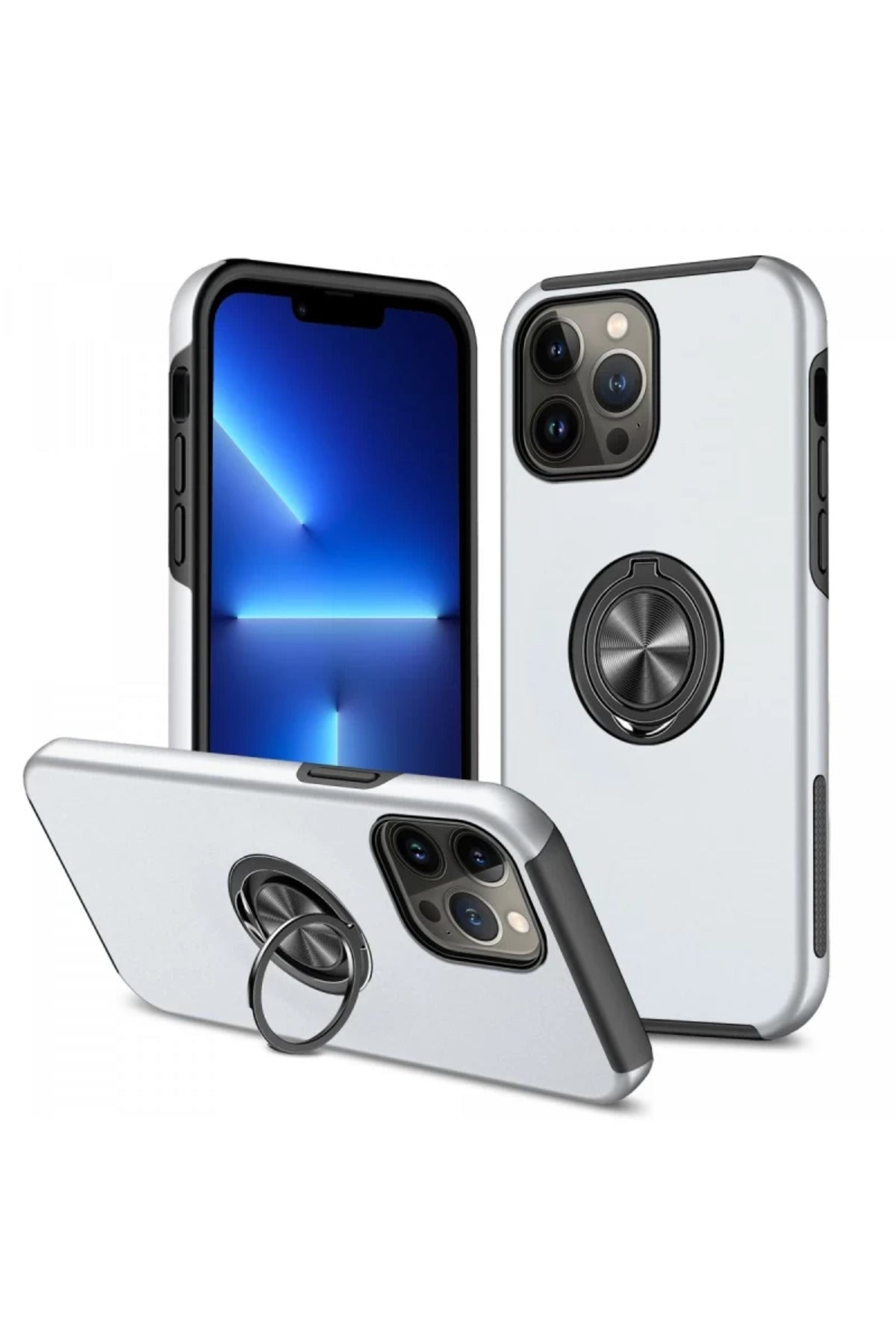 Apple iPhone 13 Pro Uyumlu Kılıf Elit Yüzüklü Kapak - Gümüş