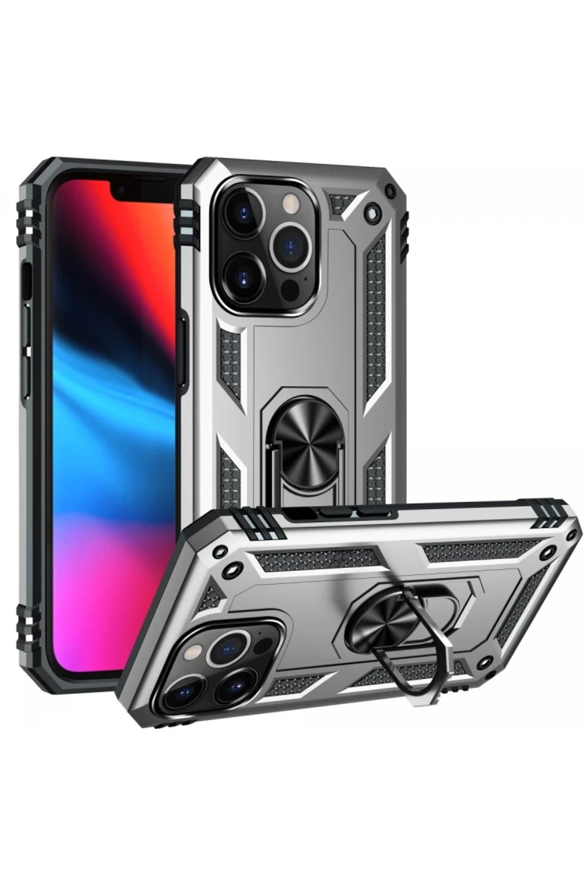Apple iPhone 14 Pro Uyumlu Kılıf Sofya Yüzüklü Silikon Kapak - Gümüş