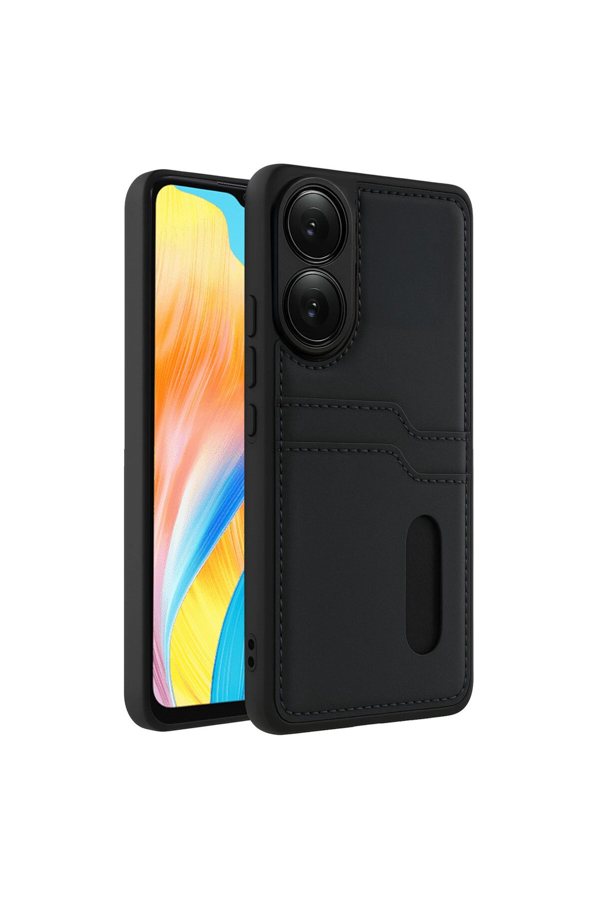 Oppo A38 Uyumlu Sara Kartvizitli Deri Kılıf - Siyah