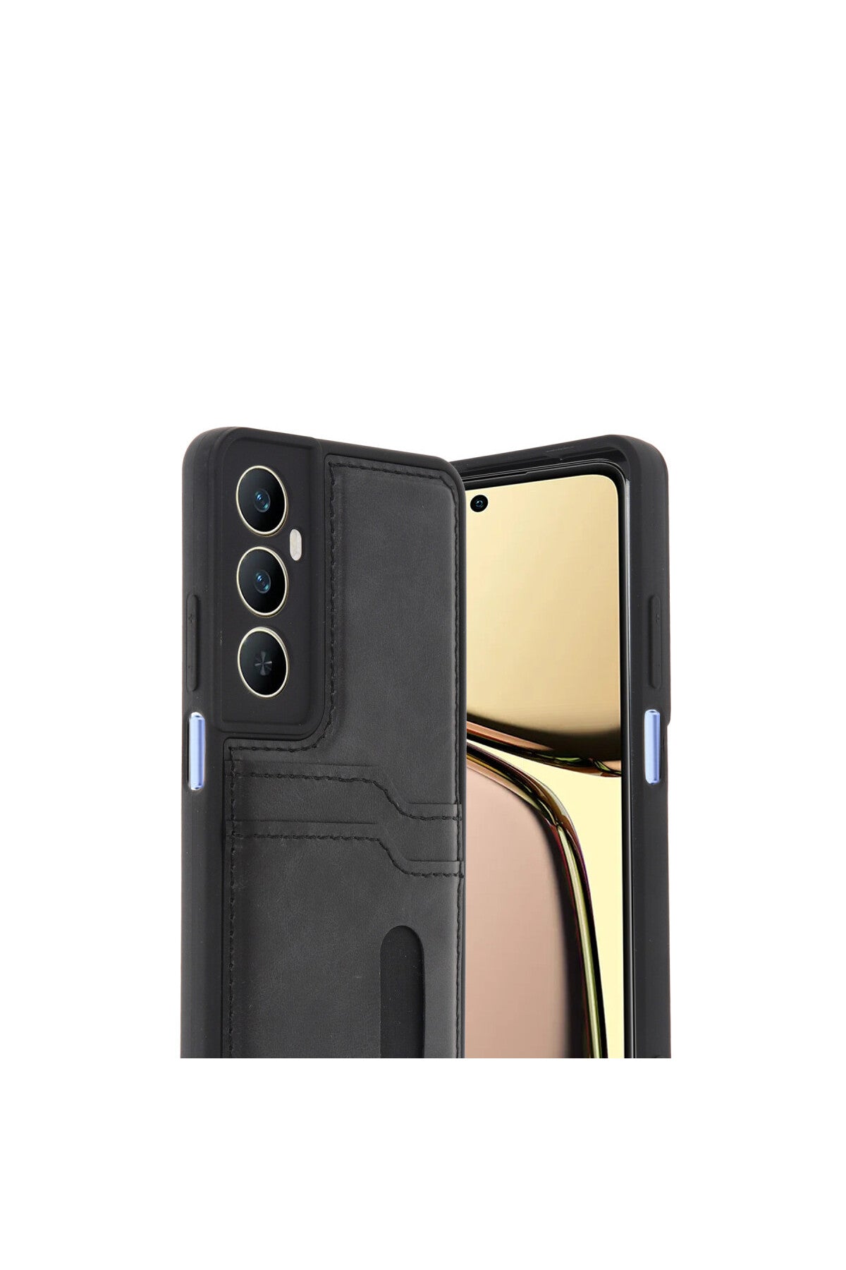 Realme C65 Uyumlu Sara Kartvizitli Deri Kılıf - Siyah