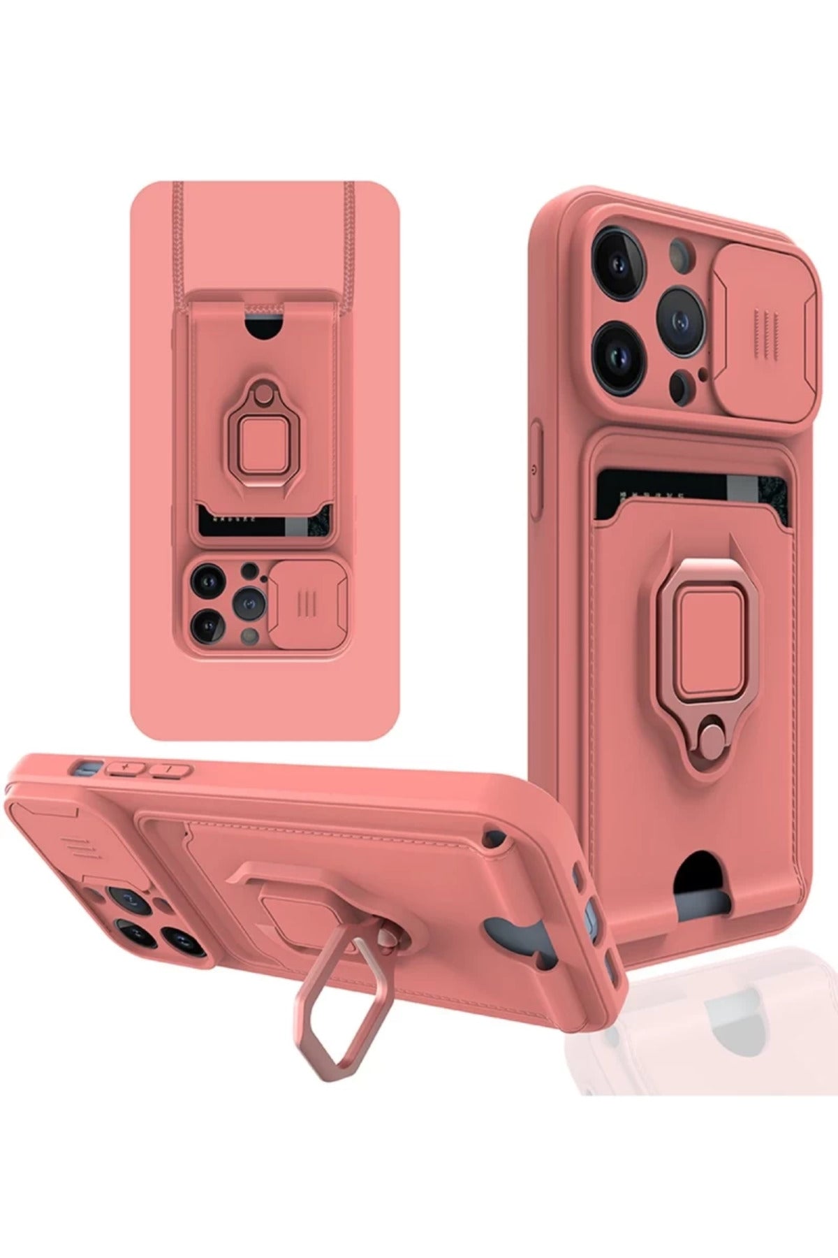 Apple iPhone 14 Pro Max Uyumlu Kılıf Zuma Kartvizitli Yüzüklü Silikon - Pembe