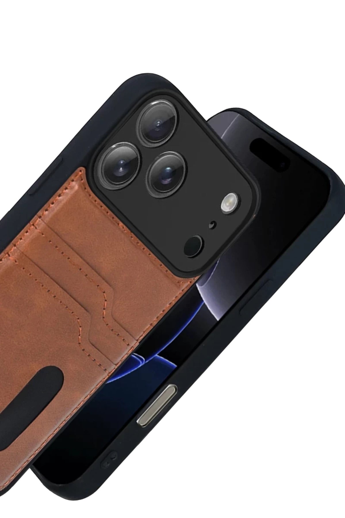 Apple iPhone 17 Pro Max Uyumlu Sara Kartvizitli Deri Kılıf - Taba