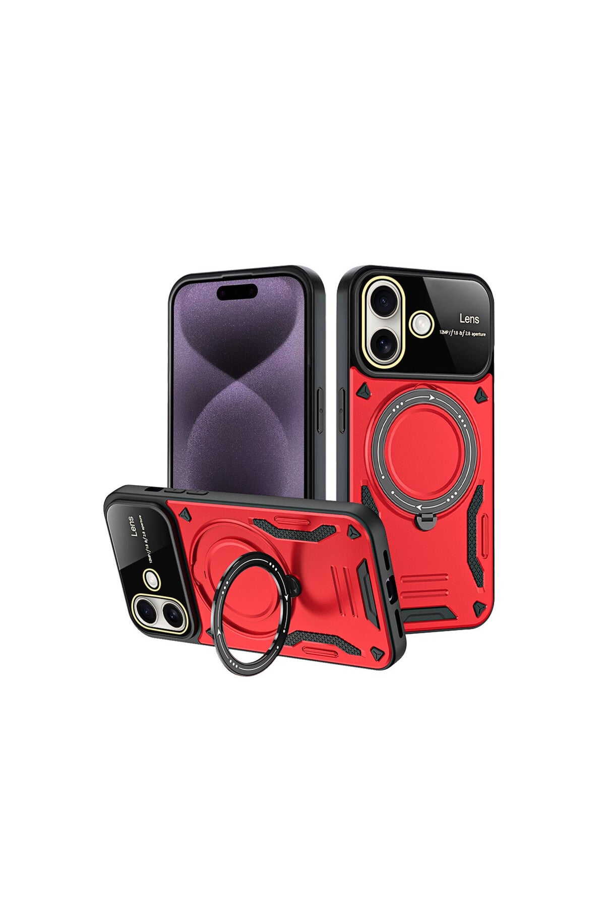 Apple iPhone 16 Uyumlu Kılıf Joy Lens Standlı Kapak - Kırmızı