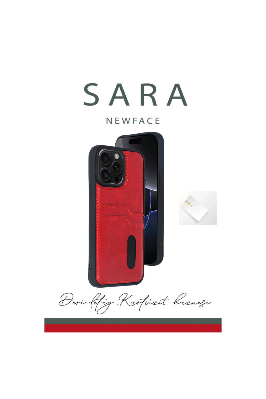 Apple iPhone 16 Uyumlu Kılıf Sara Kartvizitli Deri Kılıf - Kırmızı