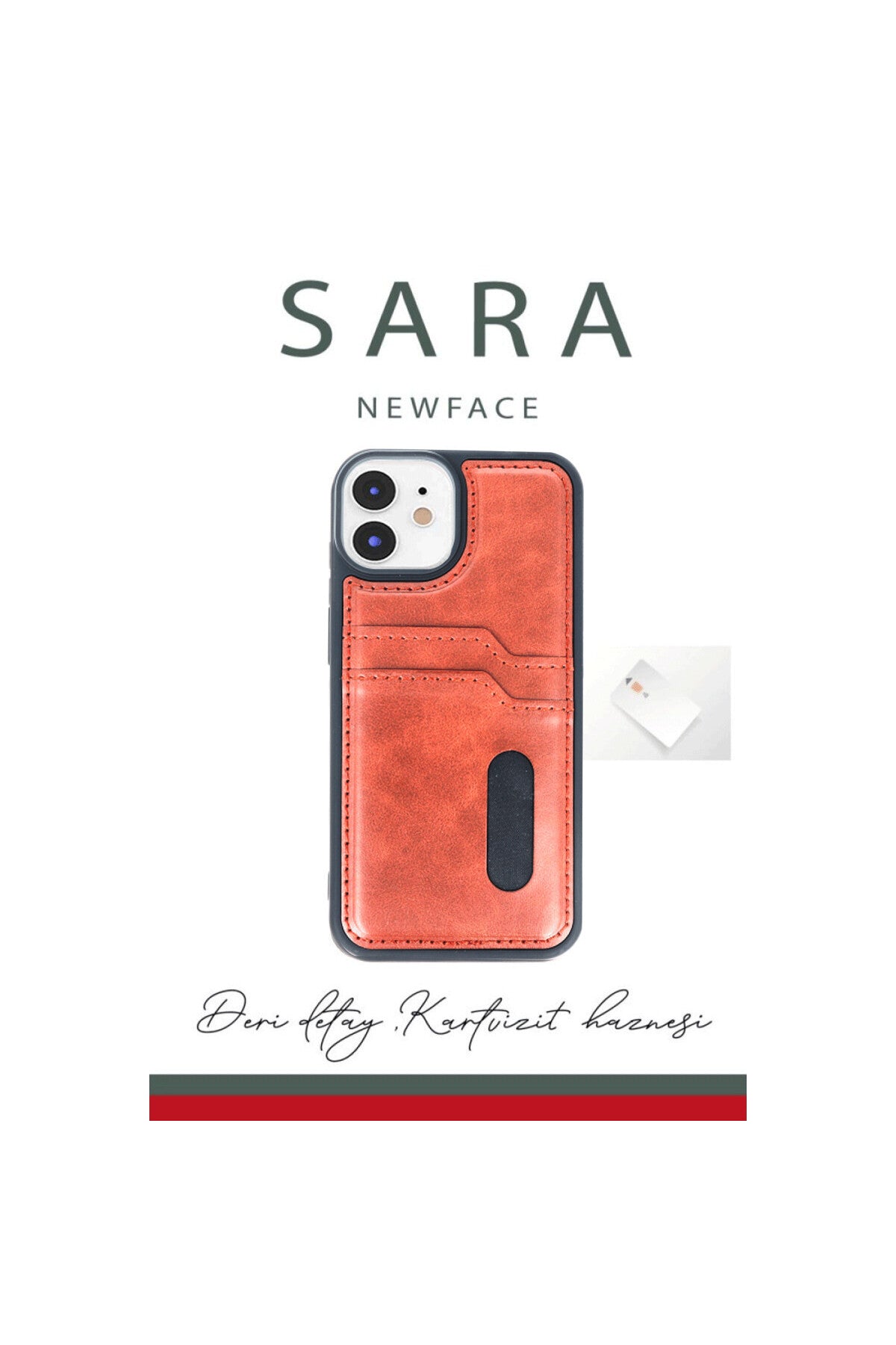Apple iPhone 11 Uyumlu Kılıf Sara Kartvizitli Deri Kılıf - Kırmızı