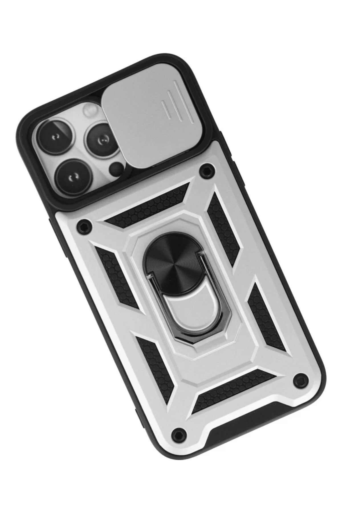 Apple iPhone 13 Pro Max Uyumlu Kılıf Pars Lens Yüzüklü Silikon - Gümüş