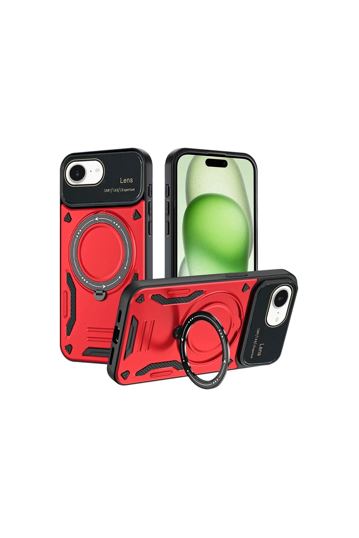 Apple iPhone 16E Uyumlu Kılıf Joy Lens Standlı Kapak - Kırmızı