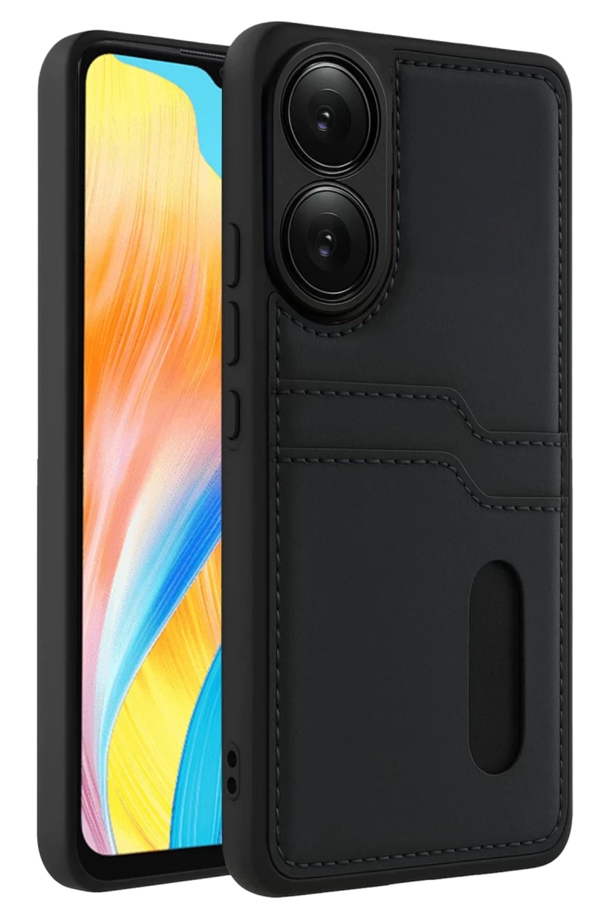 Oppo A38 Uyumlu Sara Kartvizitli Deri Kılıf - Siyah