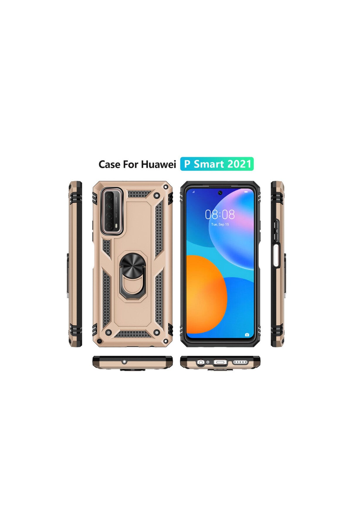 Huawei P Smart 2021 Kılıf Sofya Yüzüklü Silikon Kapak - Gold