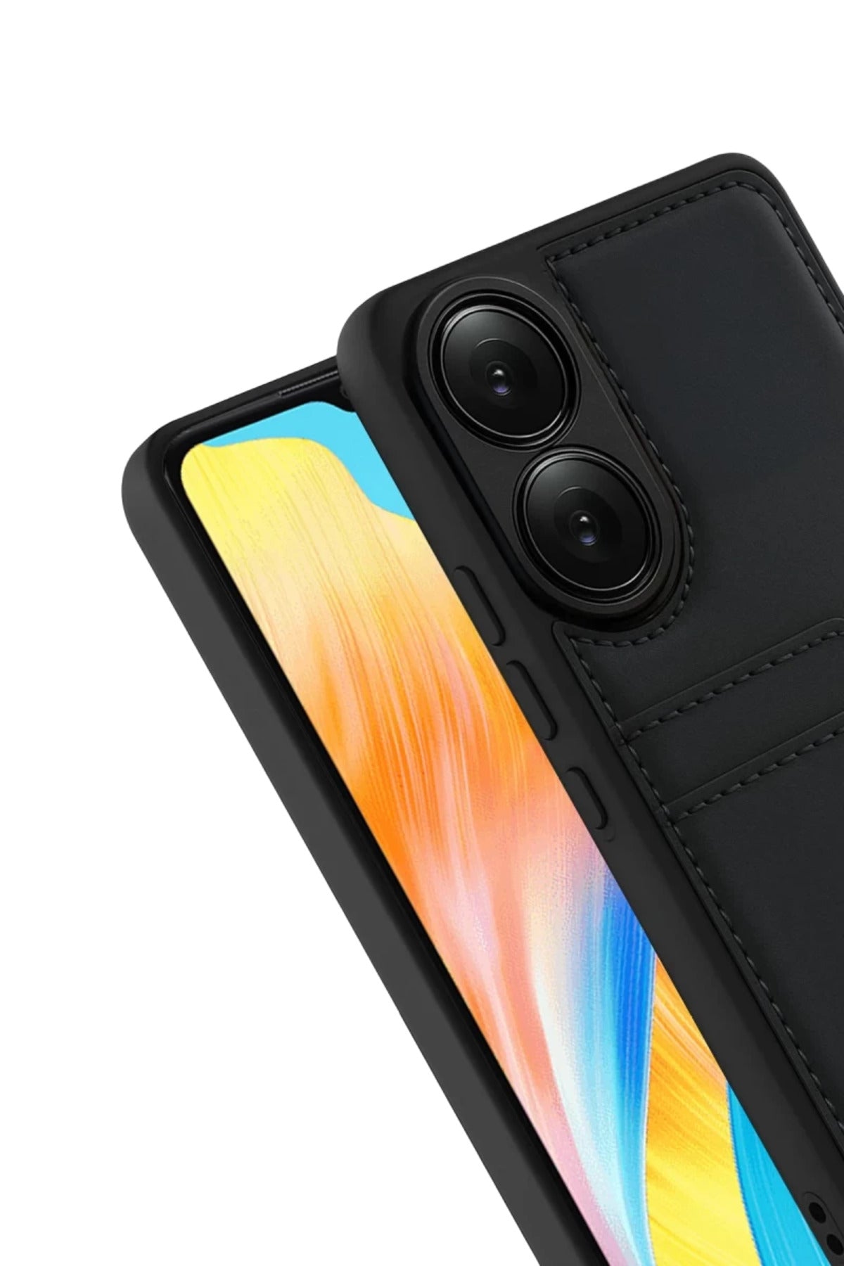 Oppo A38 Uyumlu Sara Kartvizitli Deri Kılıf - Siyah