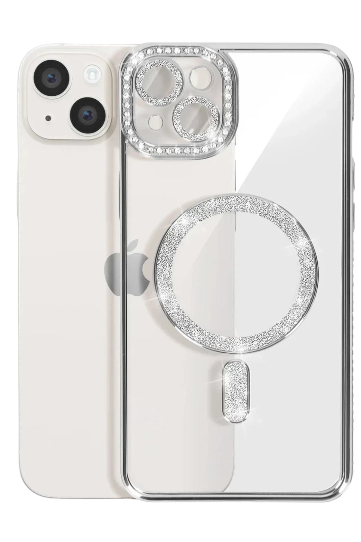 Apple iPhone 15 Uyumlu Kılıf Joke Simli Magneticsafe Kılıf - Gümüş