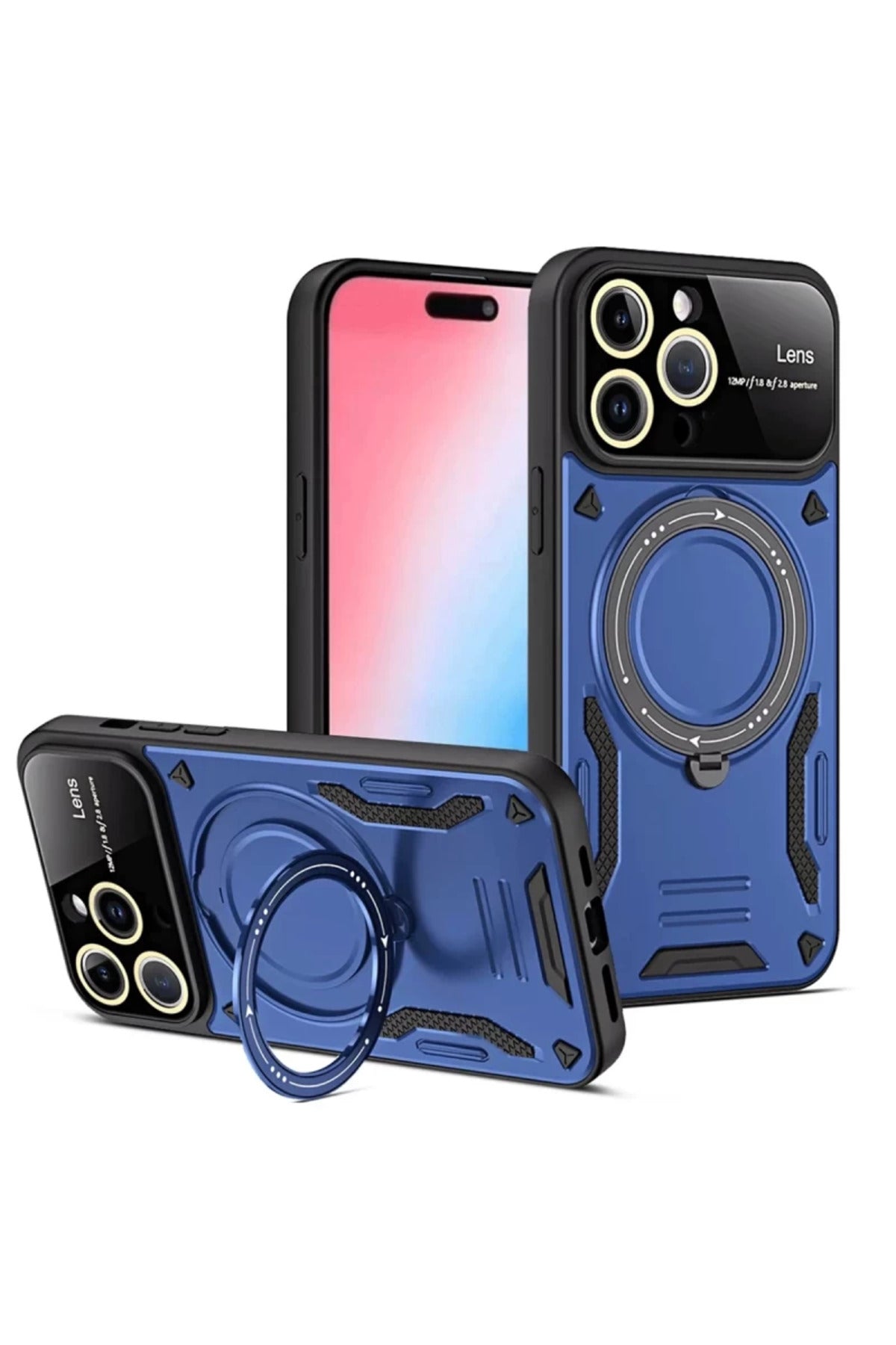 Apple iPhone 15 Pro Uyumlu Joy Lens Standlı Kapak - Lacivert