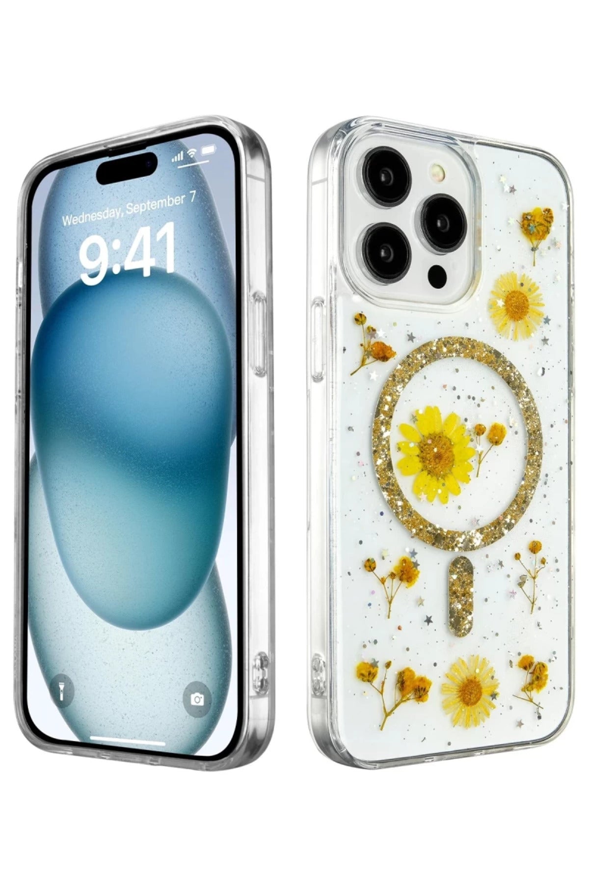 Apple iPhone 15 Pro Uyumlu Kılıf Daisy Simli Magsafe Kapak - Gold