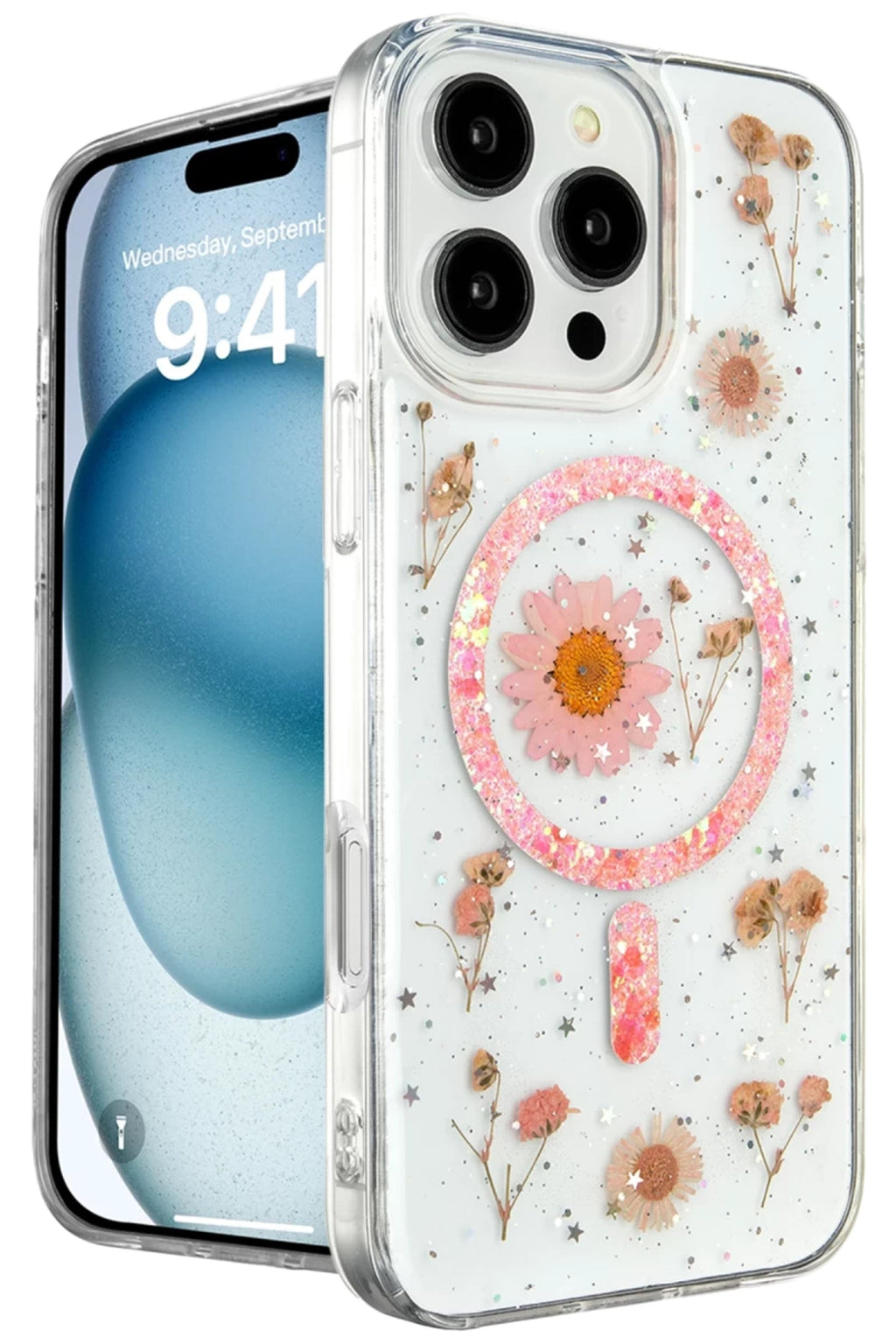 Apple iPhone 16 Pro Uyumlu Kılıf Daisy Simli Magsafe Kapak - Pembe