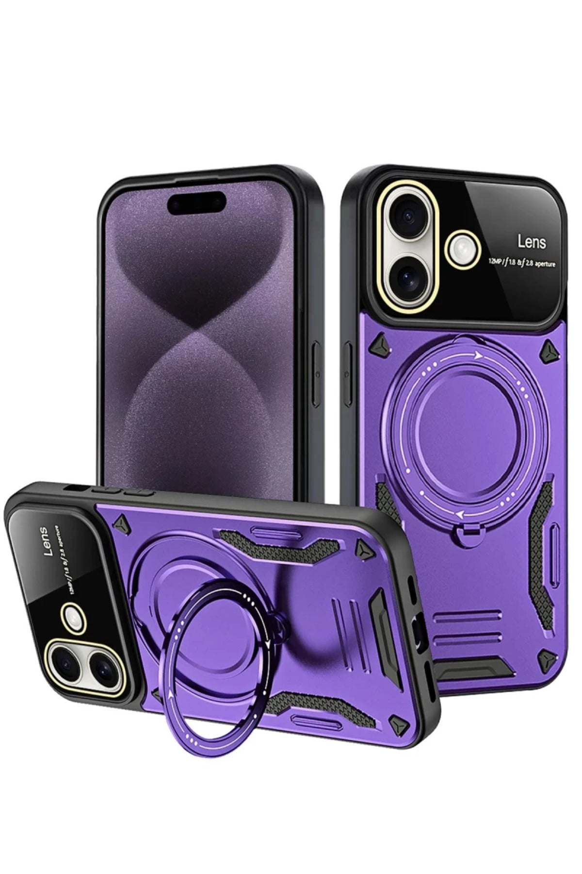 Apple iPhone 16 Uyumlu Kılıf Joy Lens Standlı Kapak - Mor