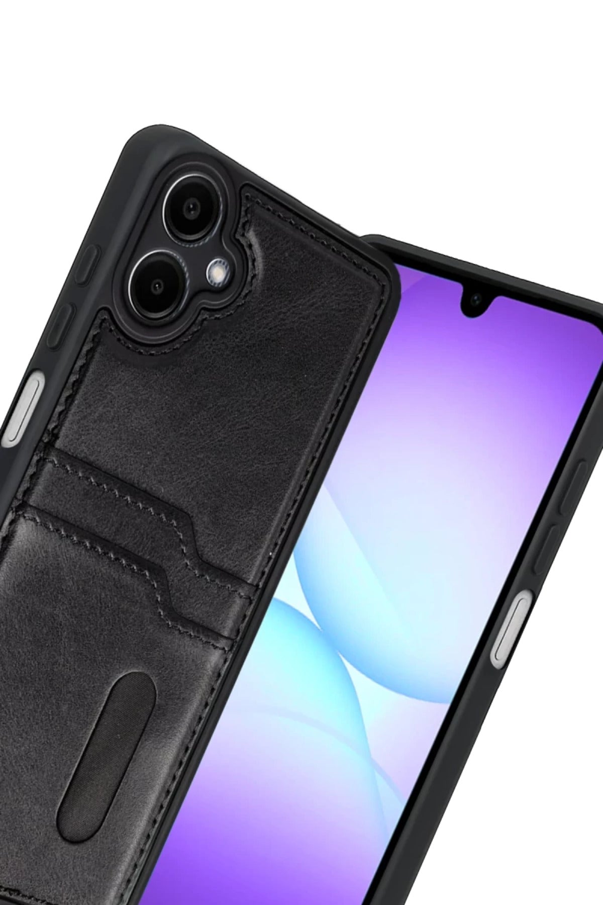 Samsung Galaxy A07 4G Uyumlu Sara Kartvizitli Deri Kılıf - Siyah