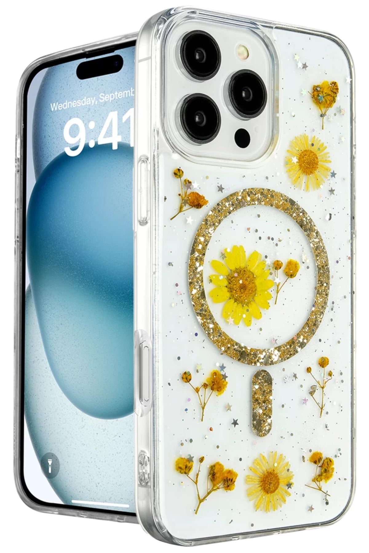 Apple iPhone 16 Pro Uyumlu Kılıf Daisy Simli Magsafe Kapak - Gold