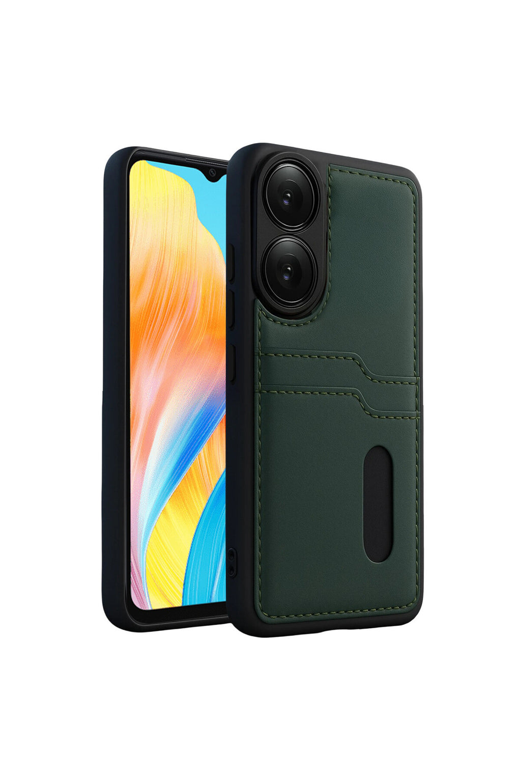 Oppo A38 Uyumlu Sara Kartvizitli Deri Kılıf - Yeşil